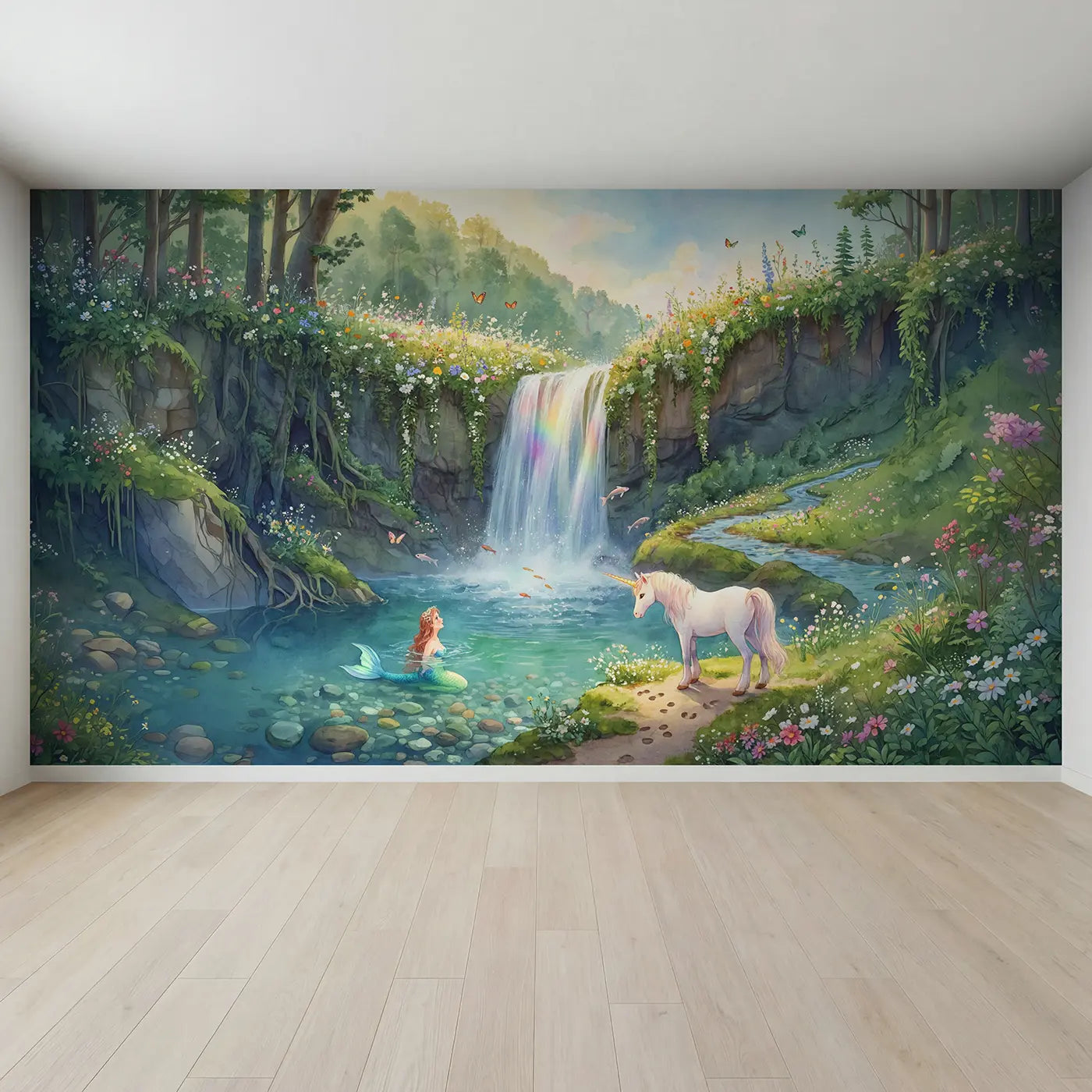 Full view of Unicorn Mermaid Waterfall Wallpaper Mural by Whimsy Tots
