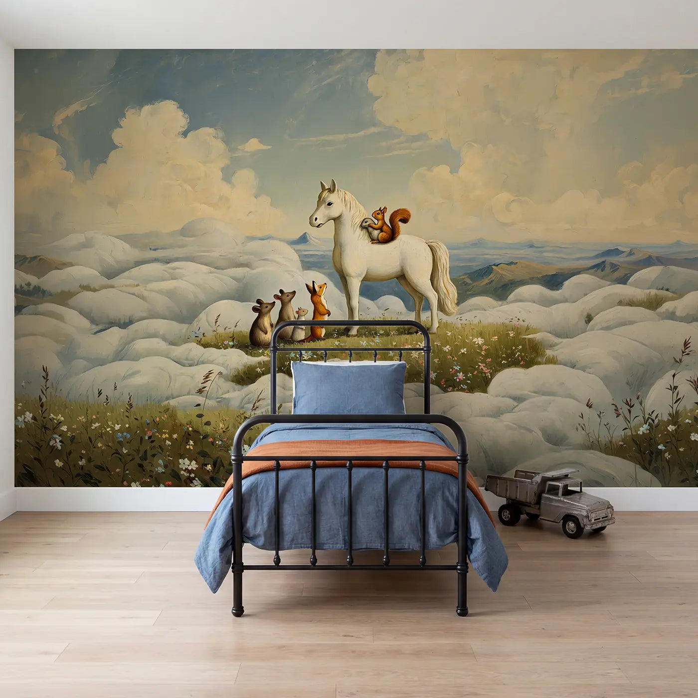 painted pegasus cloud meadow rides wallpaper mural for boys room by Whimsy Tots