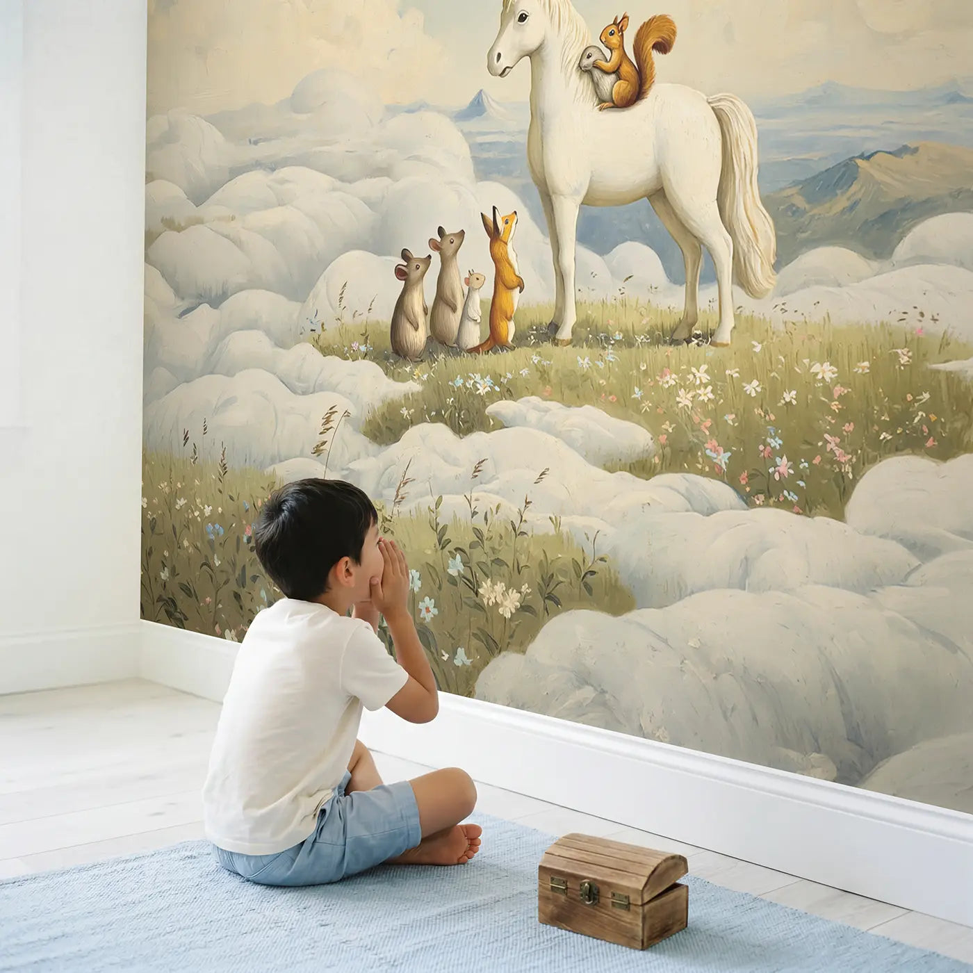 Child in nursery with Pegasus Cloud Meadow Rides Wallpaper Mural by Whimsy Tots