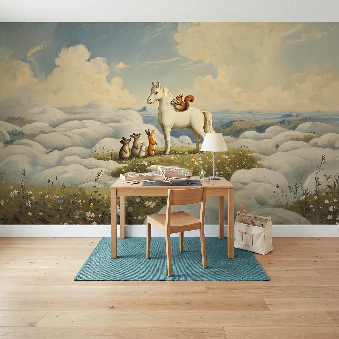 Pegasus Cloud Meadow Rides Wallpaper Mural in playroom setting by Whimsy Tots
