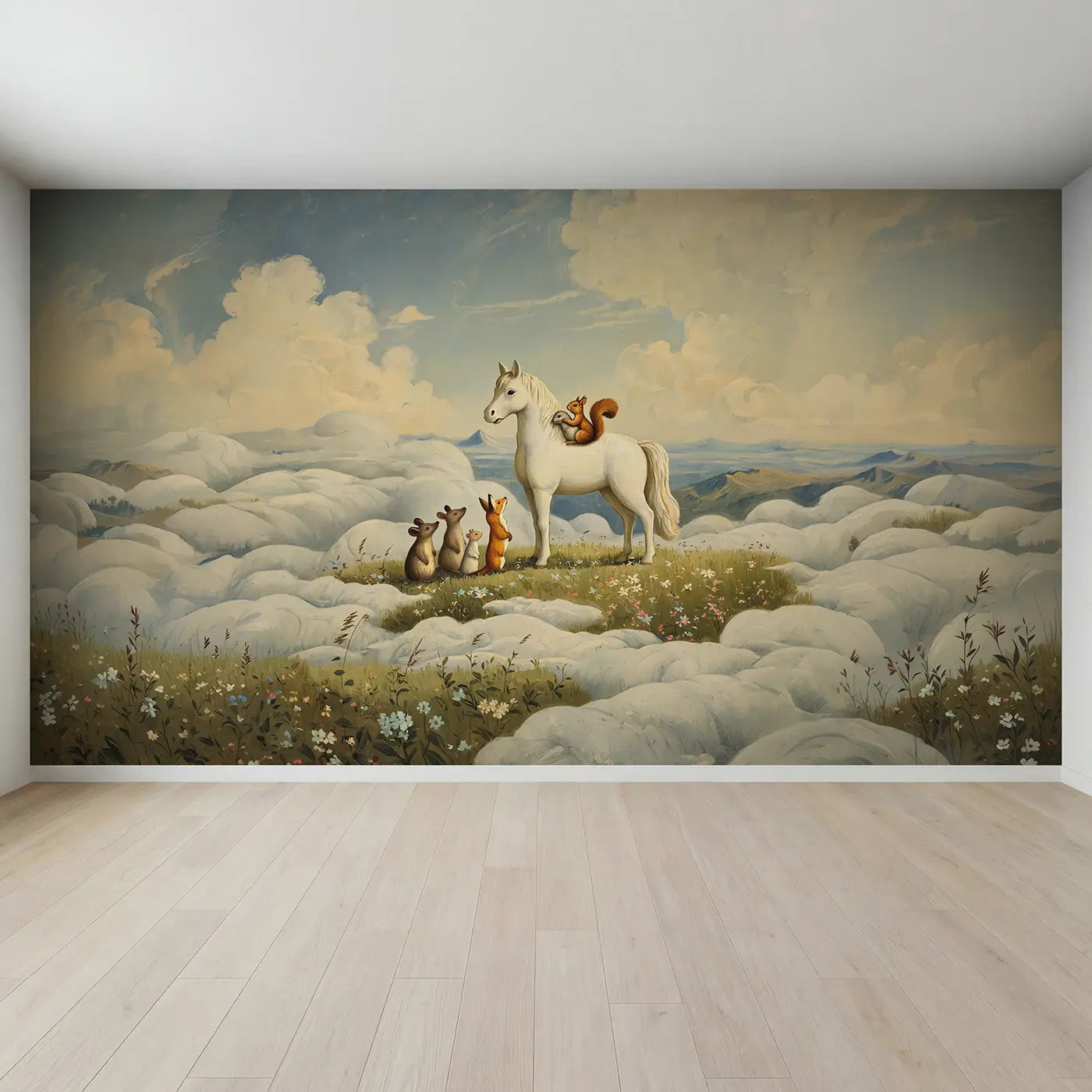 Full view of Pegasus Cloud Meadow Rides Wallpaper Mural by Whimsy Tots