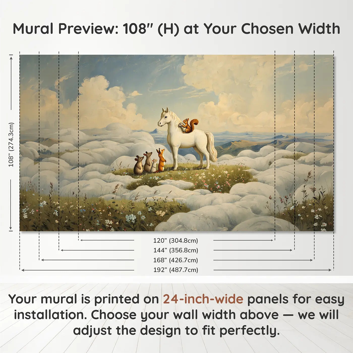 Panel layout and dimensions for Pegasus Cloud Meadow Rides Wallpaper Mural by Whimsy Tots