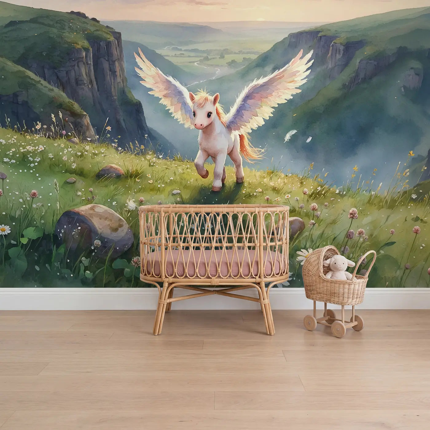 Watercolor baby pegasus first flight meadow wallpaper mural for girls room by Whimsy Tots