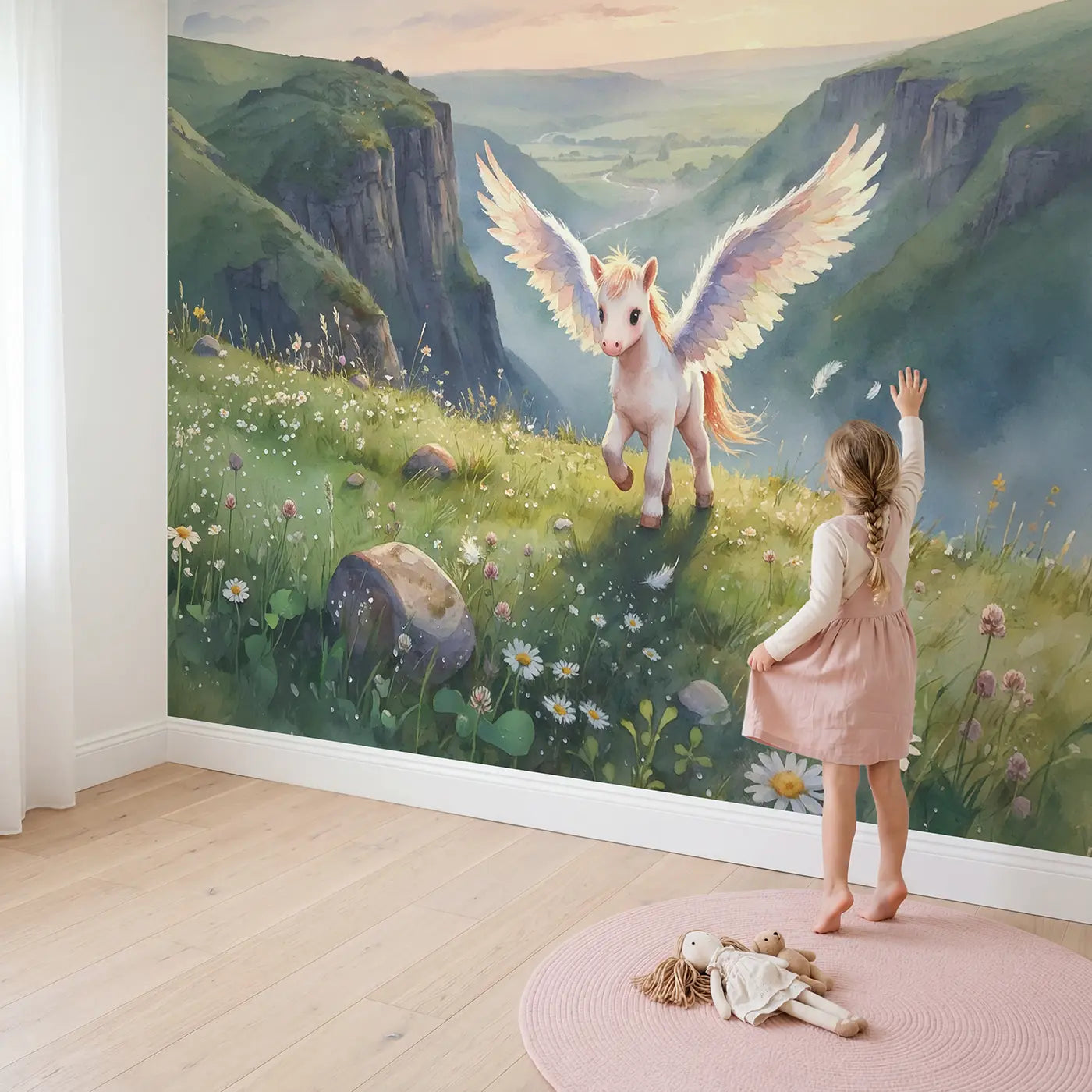 Child in nursery with Baby Pegasus First Flight Wallpaper Mural by Whimsy Tots
