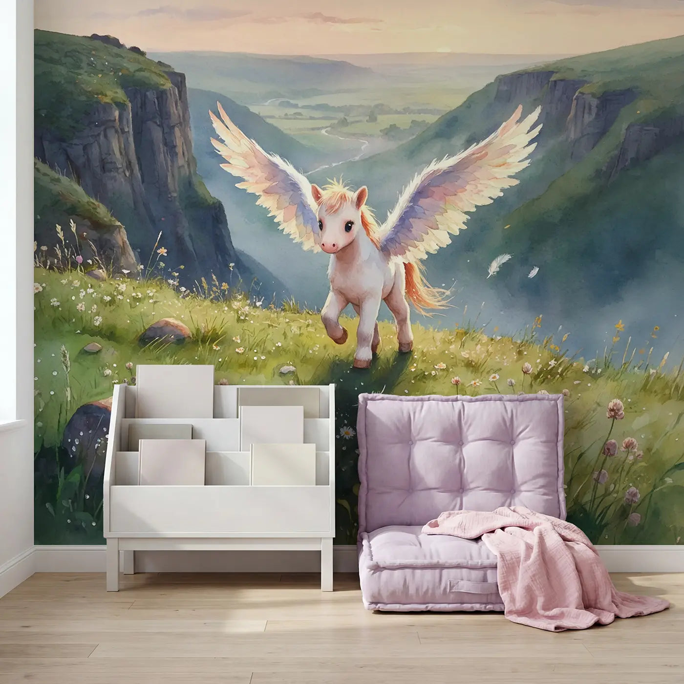 Baby Pegasus First Flight Wallpaper Mural in playroom setting by Whimsy Tots