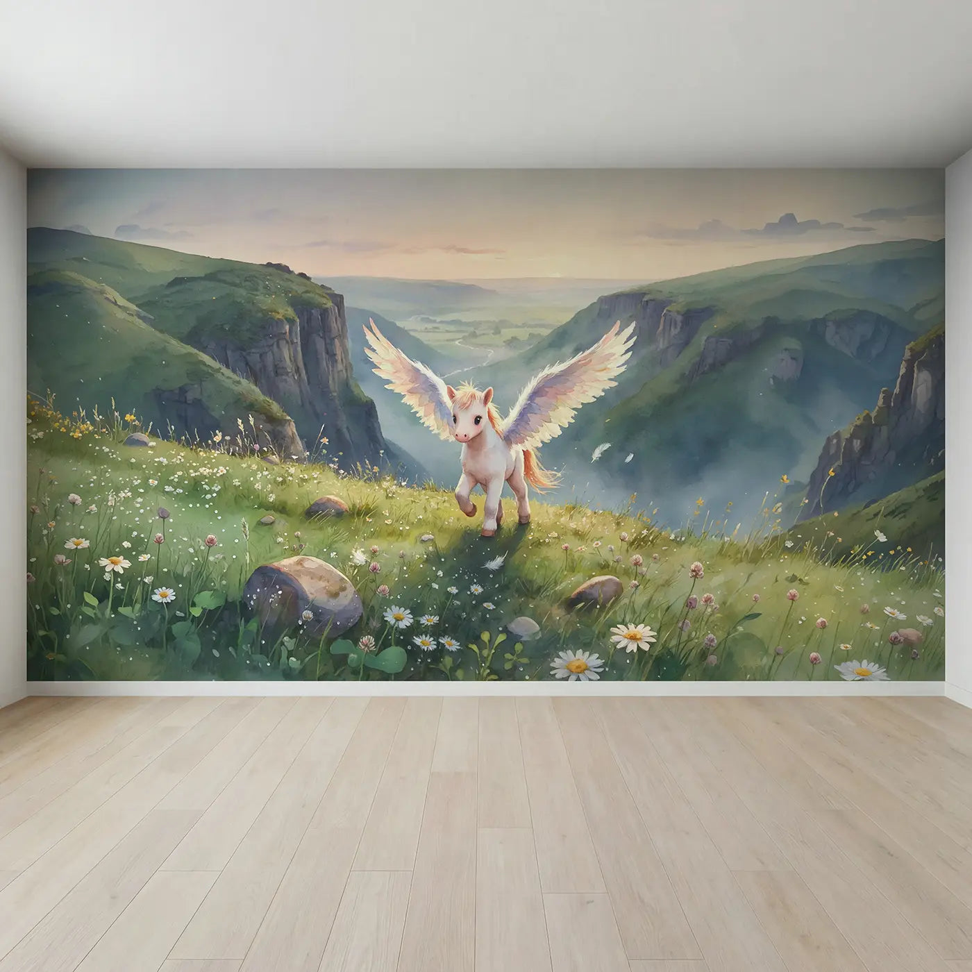 Full view of Baby Pegasus First Flight Wallpaper Mural by Whimsy Tots