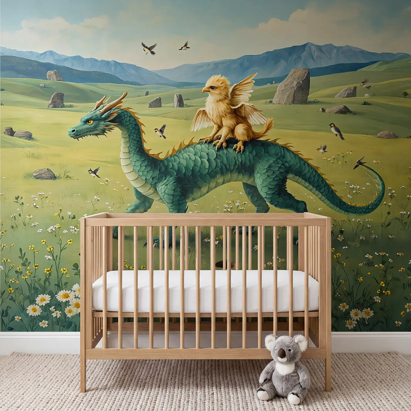 Botanical Elegance griffin and dragon friends wallpaper mural for kids room by Whimsy Tots
