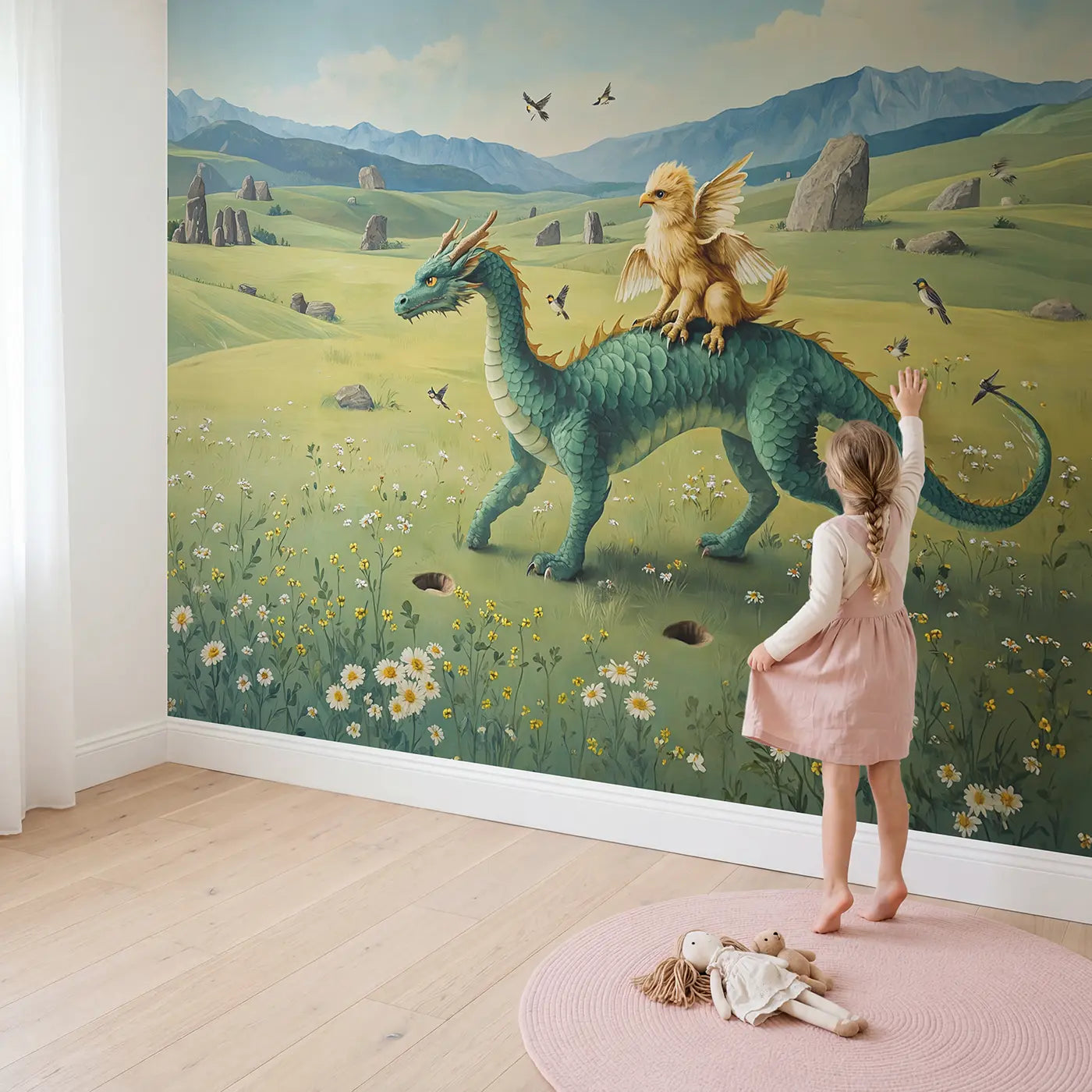 Child in nursery with Griffin and Dragon Friends Wallpaper Mural by Whimsy Tots