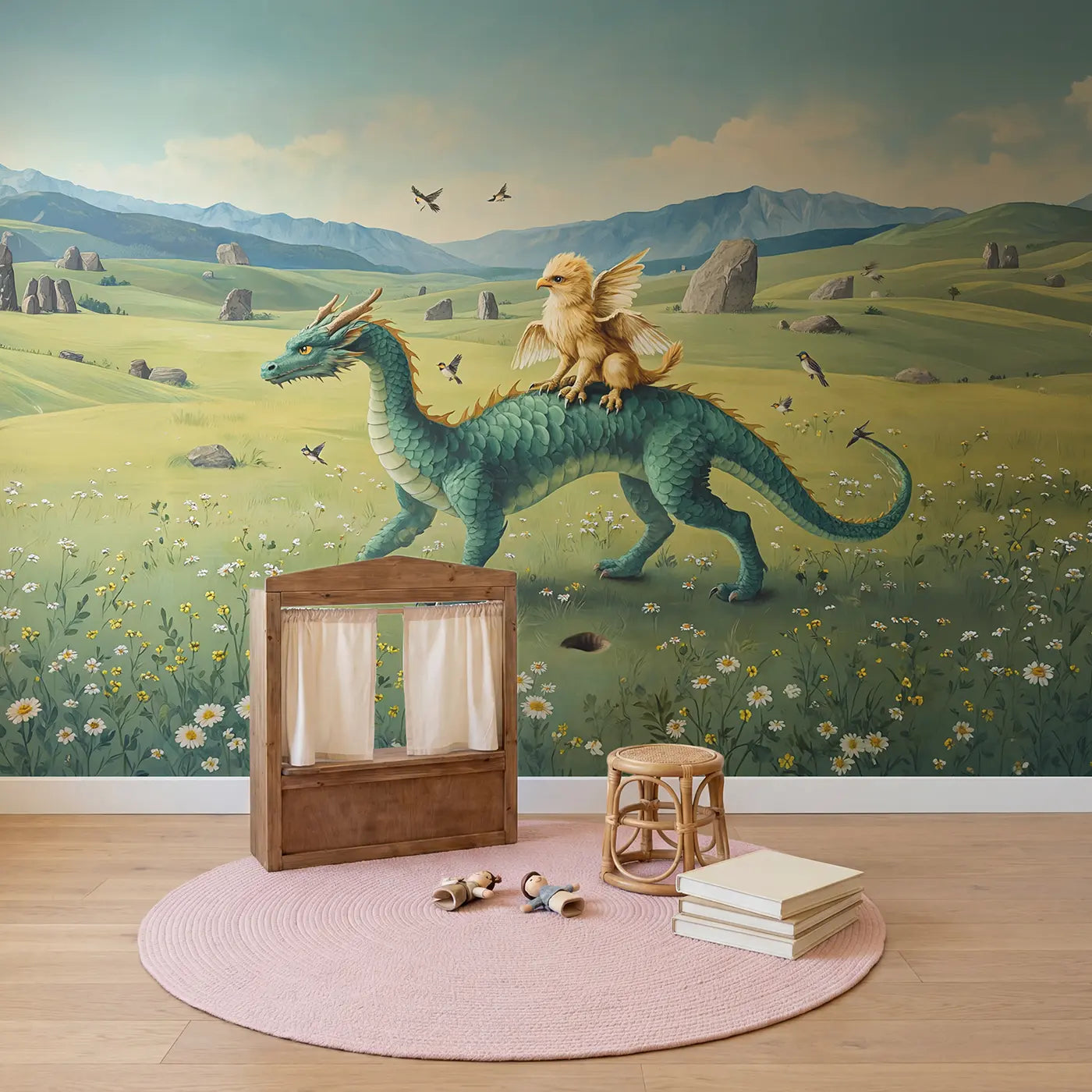 Griffin and Dragon Friends Wallpaper Mural in playroom setting by Whimsy Tots