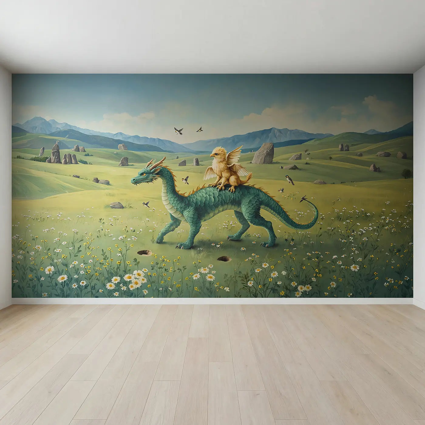 Full view of Griffin and Dragon Friends Wallpaper Mural by Whimsy Tots