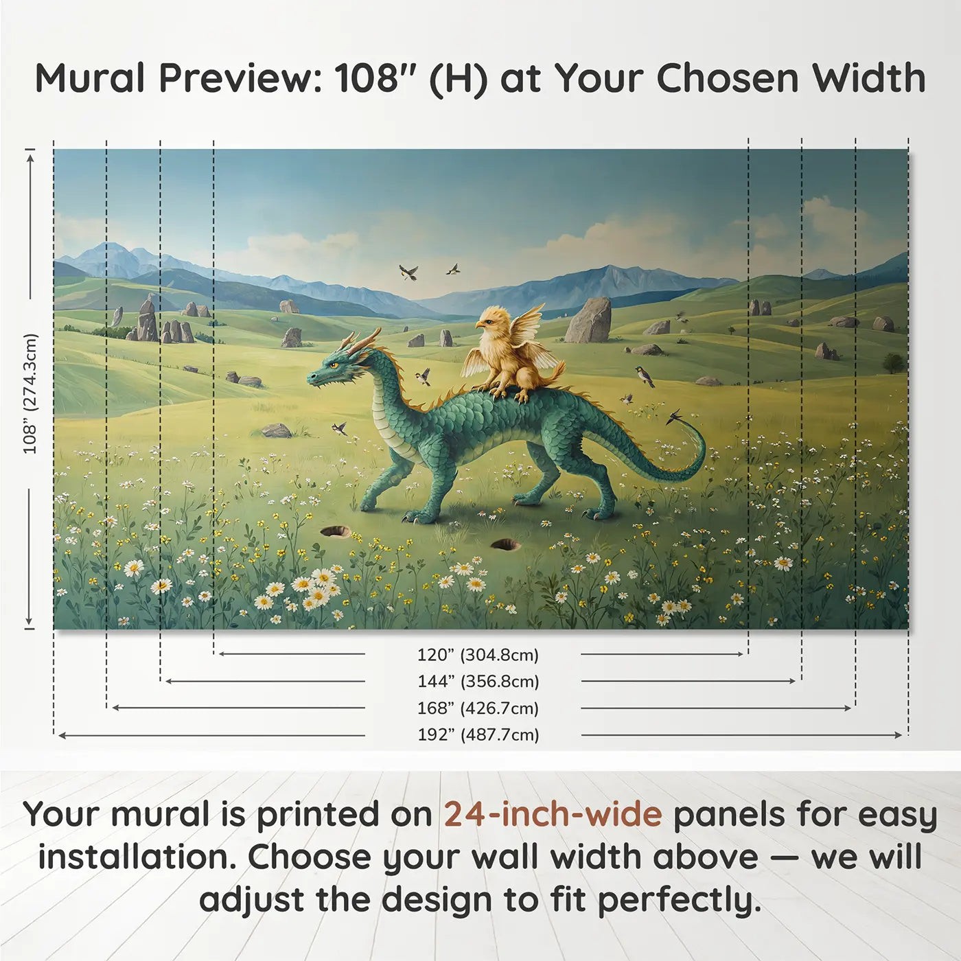 Panel layout and dimensions for Griffin and Dragon Friends Wallpaper Mural by Whimsy Tots