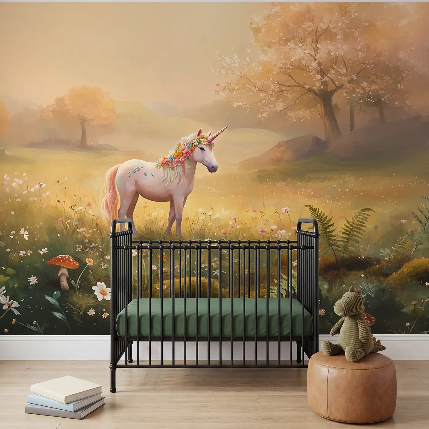 Soft pastel unicorn flower wreath meadow wallpaper mural for nursery by Whimsy Tots