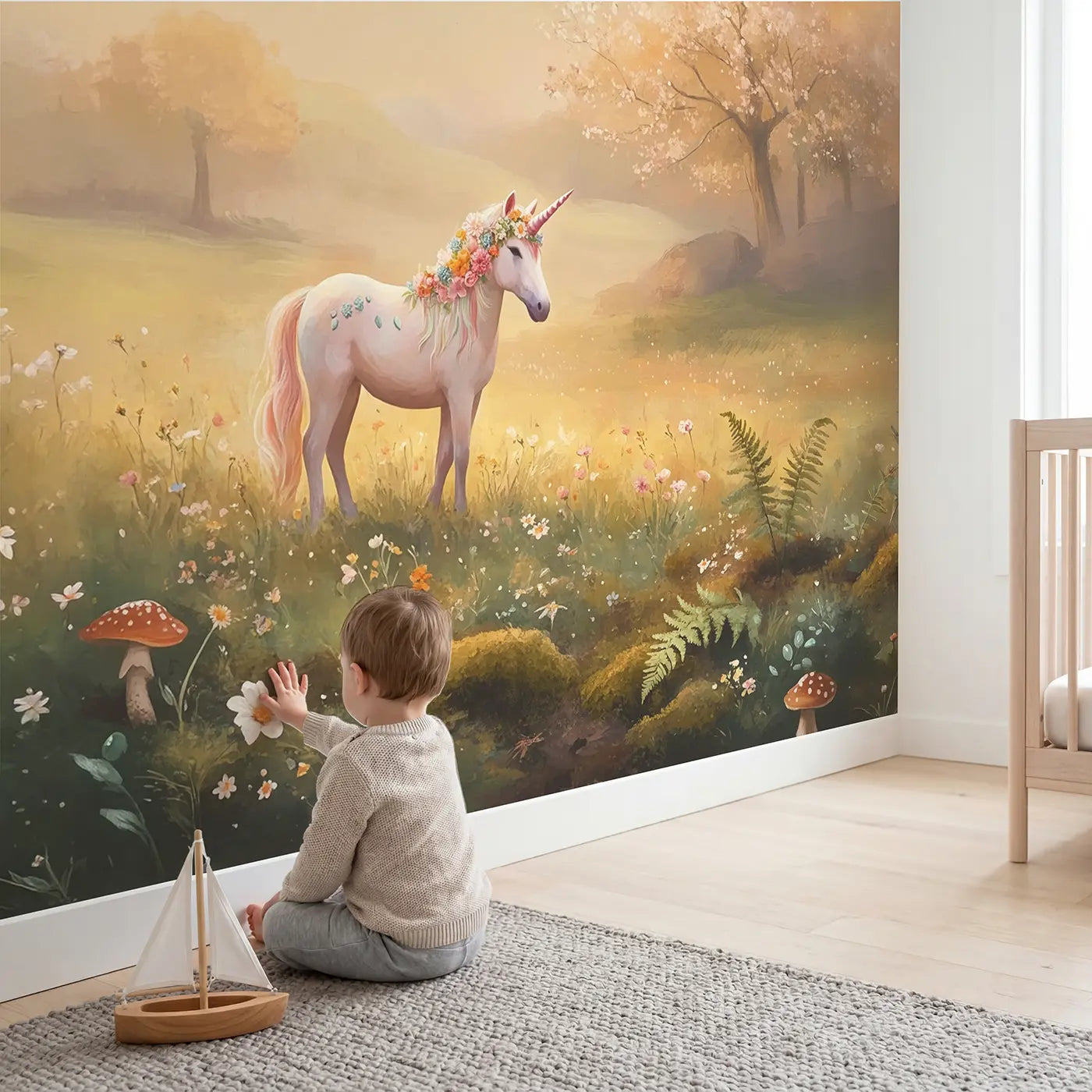 Child in nursery with Unicorn Flower Wreath Decoration Wallpaper Mural by Whimsy Tots