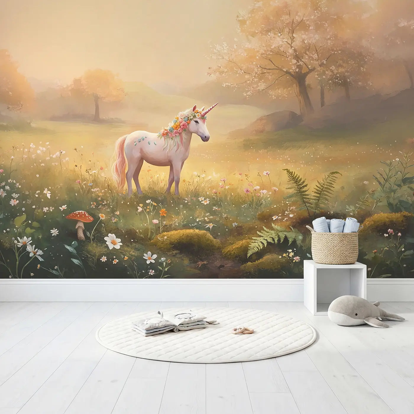 Unicorn Flower Wreath Decoration Wallpaper Mural in playroom setting by Whimsy Tots