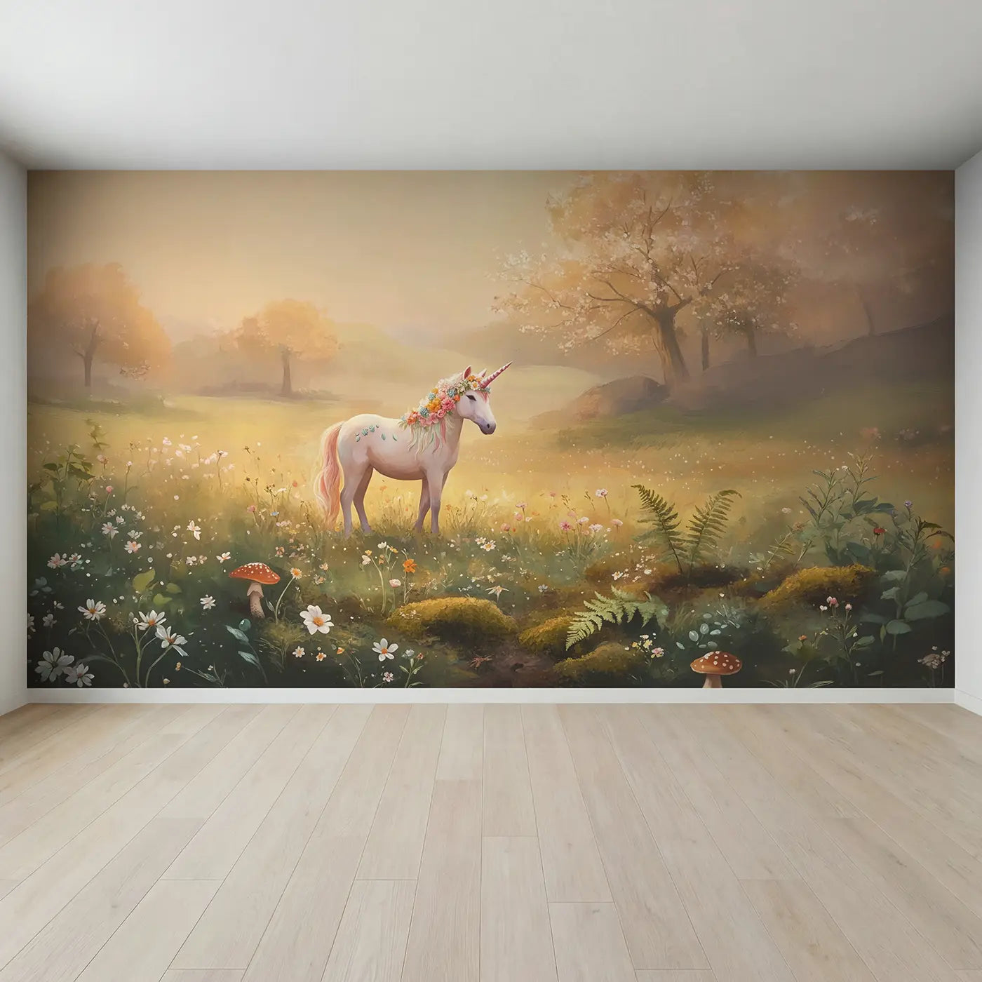 Full view of Unicorn Flower Wreath Decoration Wallpaper Mural by Whimsy Tots