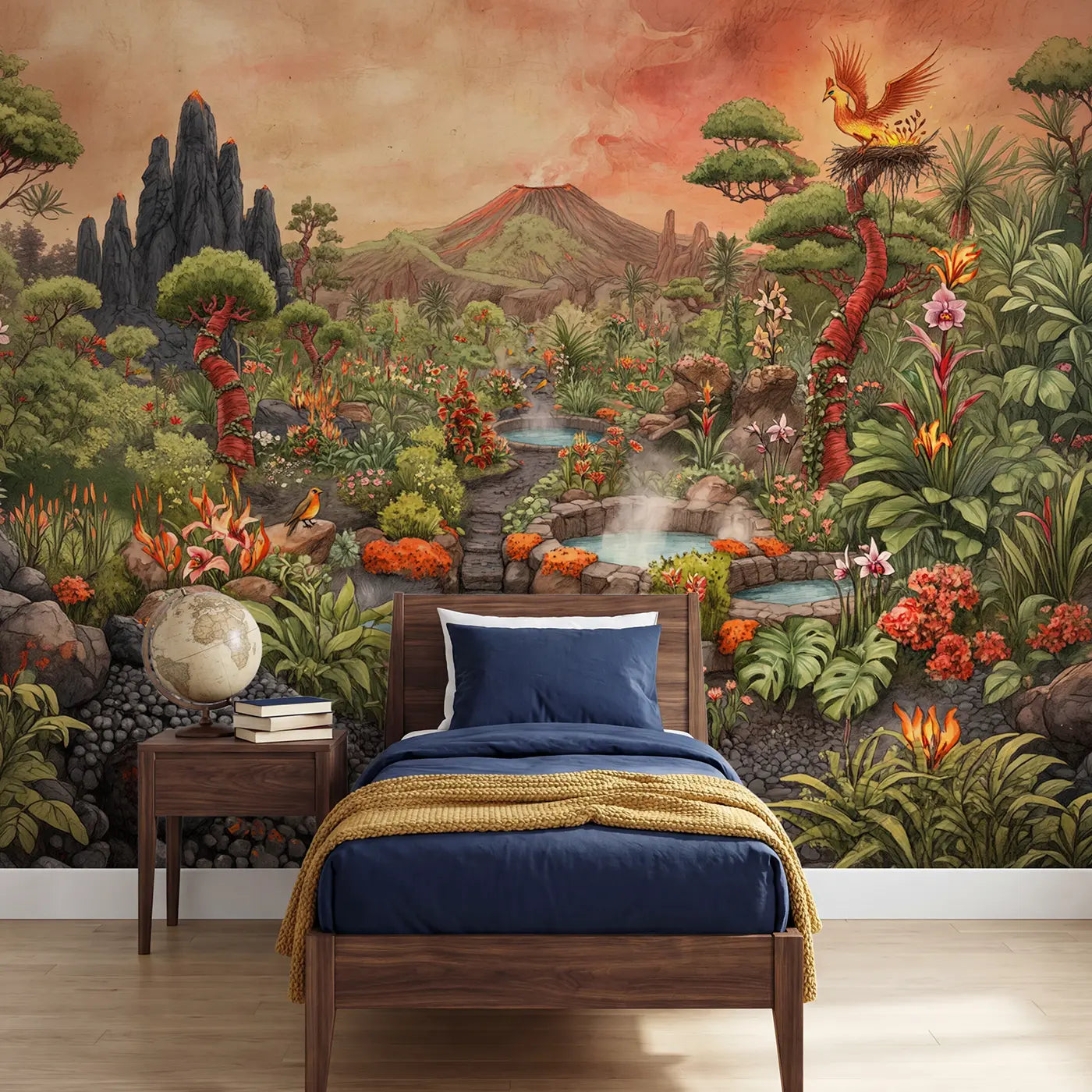 storybook phoenix volcanic garden orchids nest wallpaper mural for kids room by Whimsy Tots