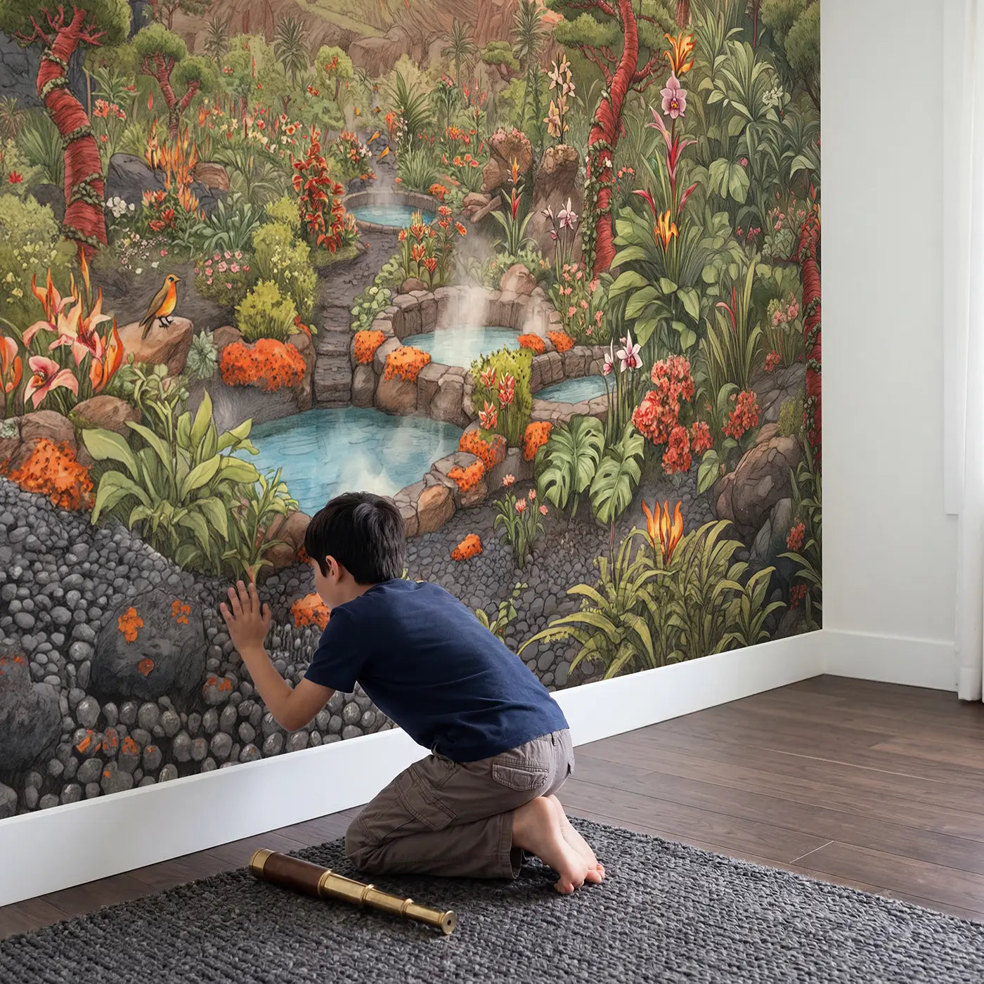 Child in nursery with Phoenix Volcanic Garden Wallpaper Mural by Whimsy Tots