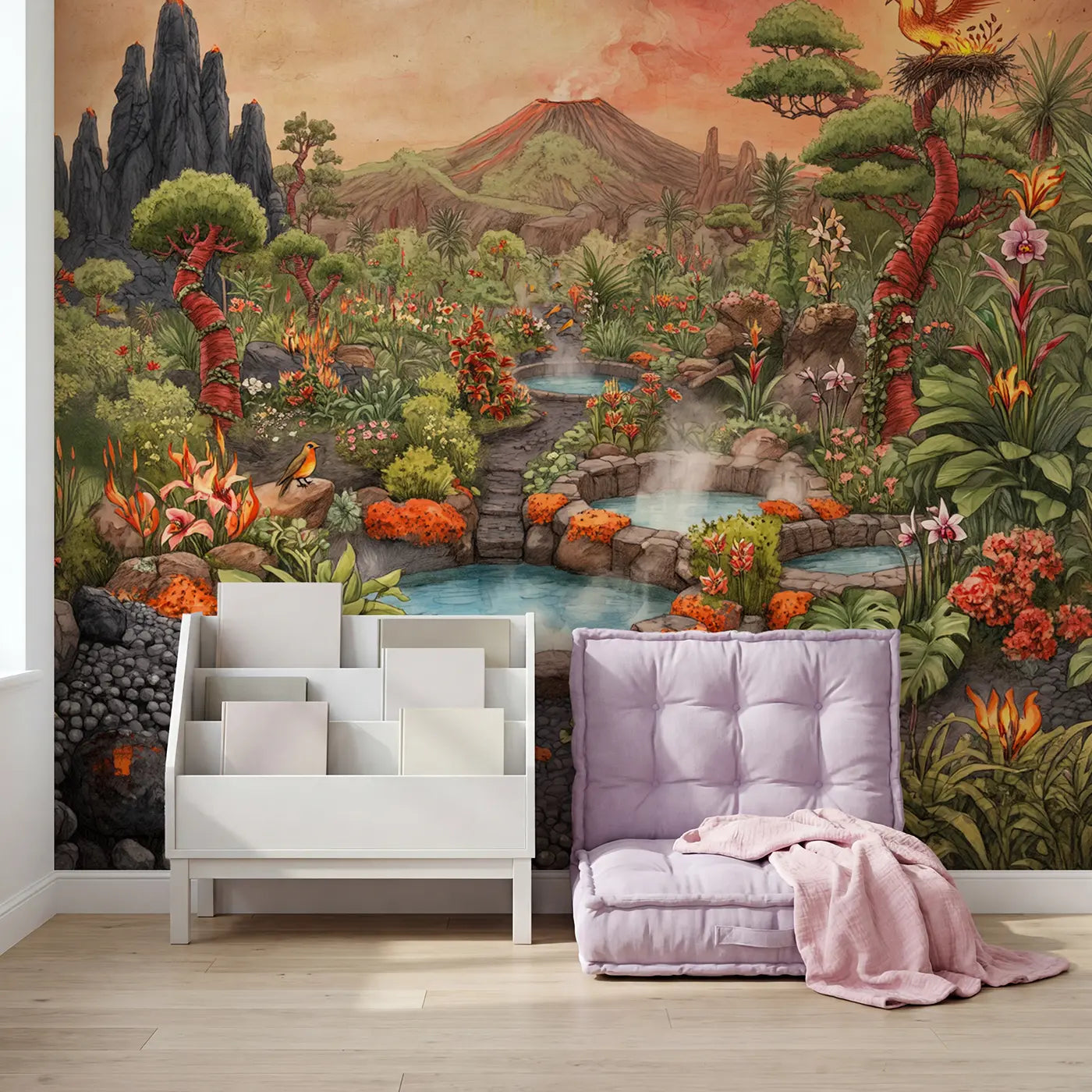 Phoenix Volcanic Garden Wallpaper Mural in playroom setting by Whimsy Tots