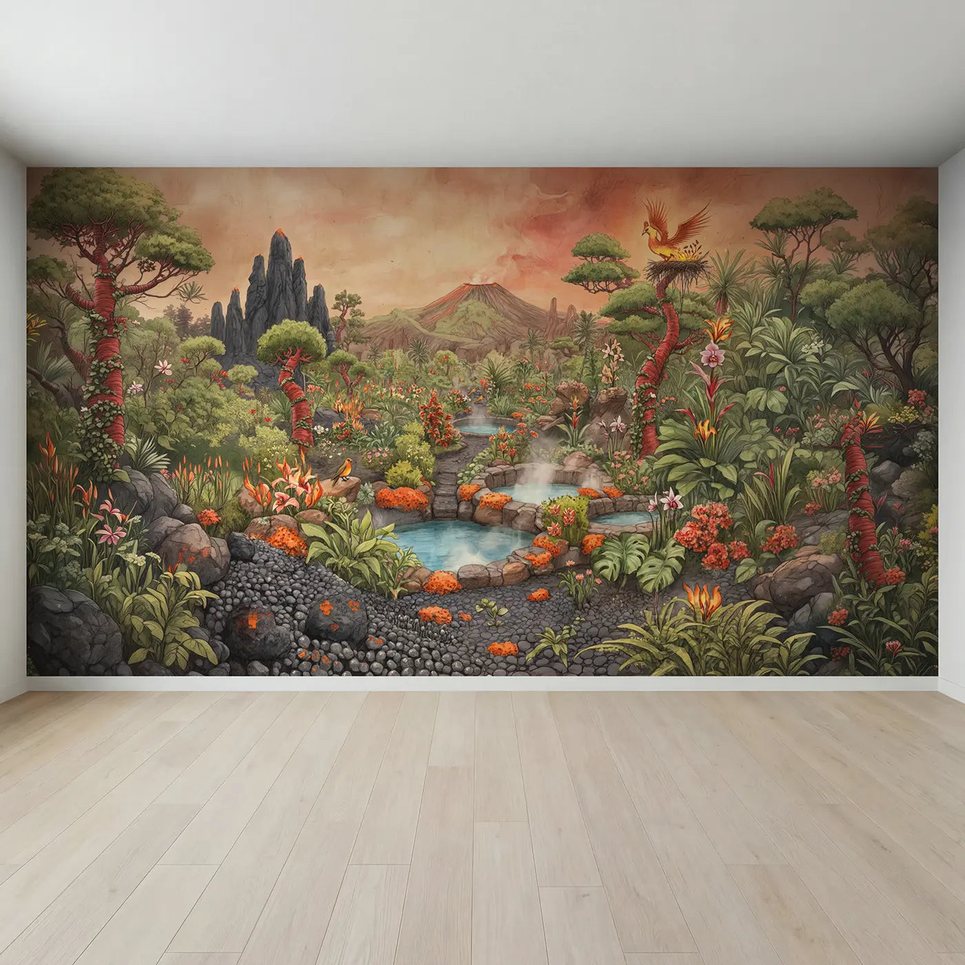 Full view of Phoenix Volcanic Garden Wallpaper Mural by Whimsy Tots