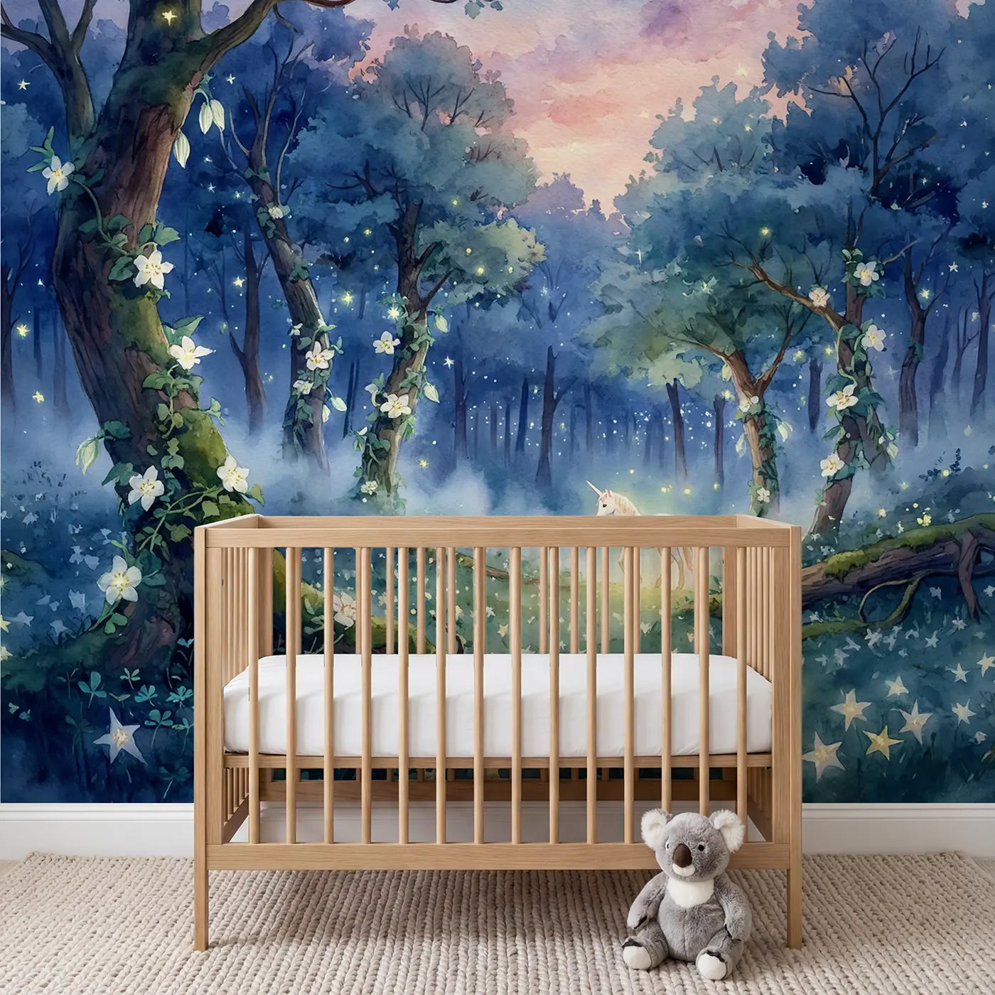 Watercolor unicorn twilight forest wallpaper mural for nursery by Whimsy Tots