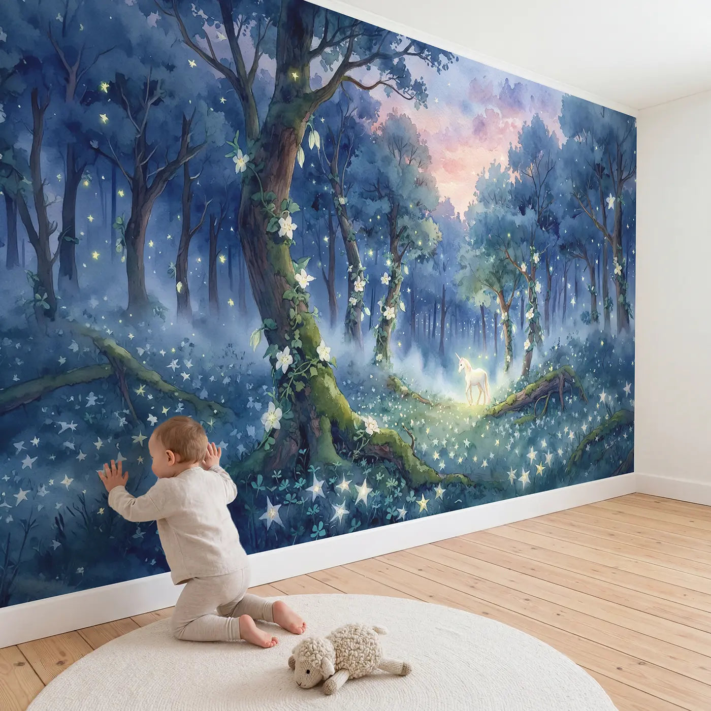 Child in nursery with Enchanted Twilight Unicorn Forest Wallpaper Mural by Whimsy Tots