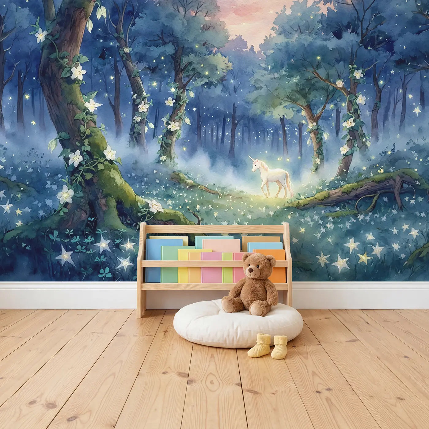 Enchanted Twilight Unicorn Forest Wallpaper Mural in playroom setting by Whimsy Tots