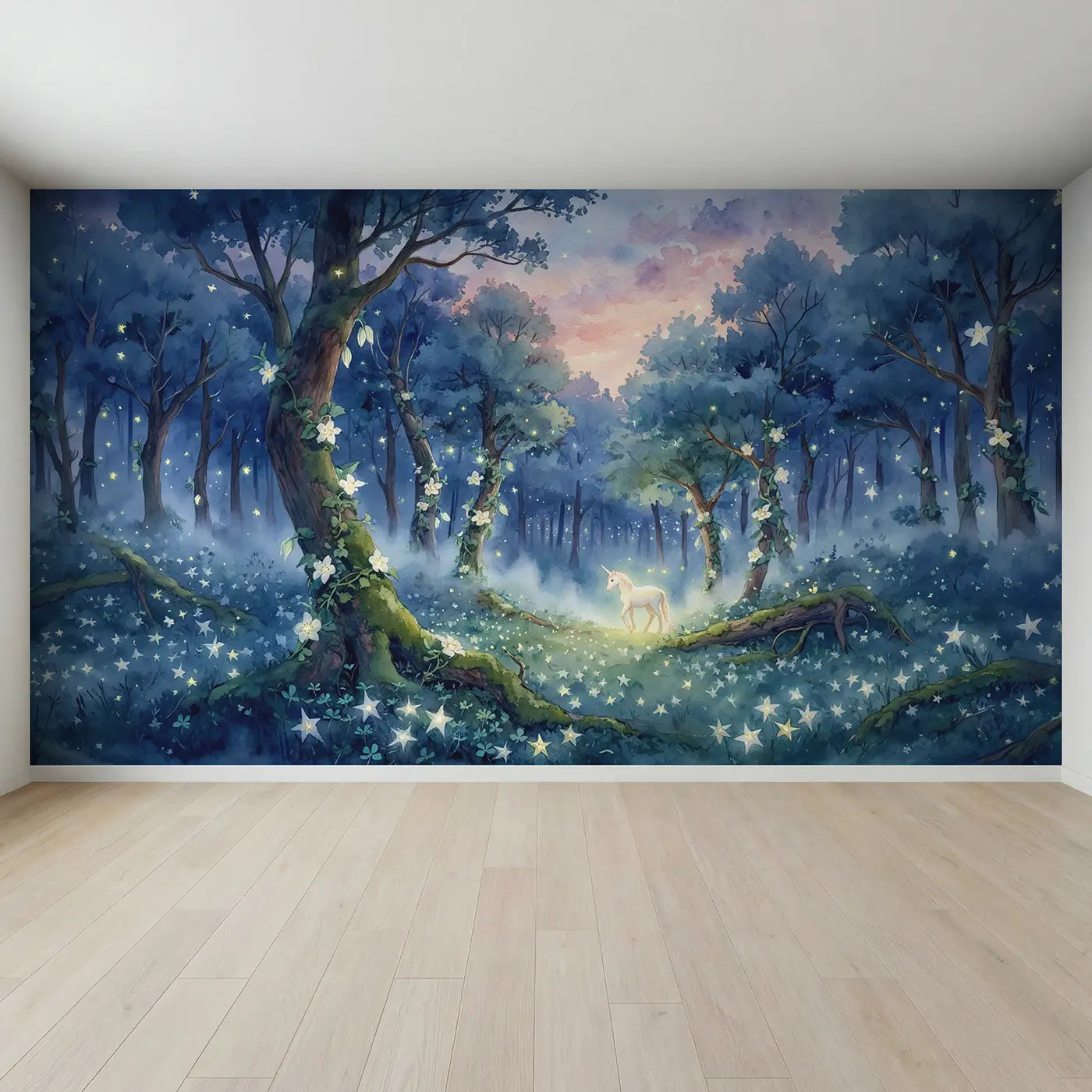 Full view of Enchanted Twilight Unicorn Forest Wallpaper Mural by Whimsy Tots