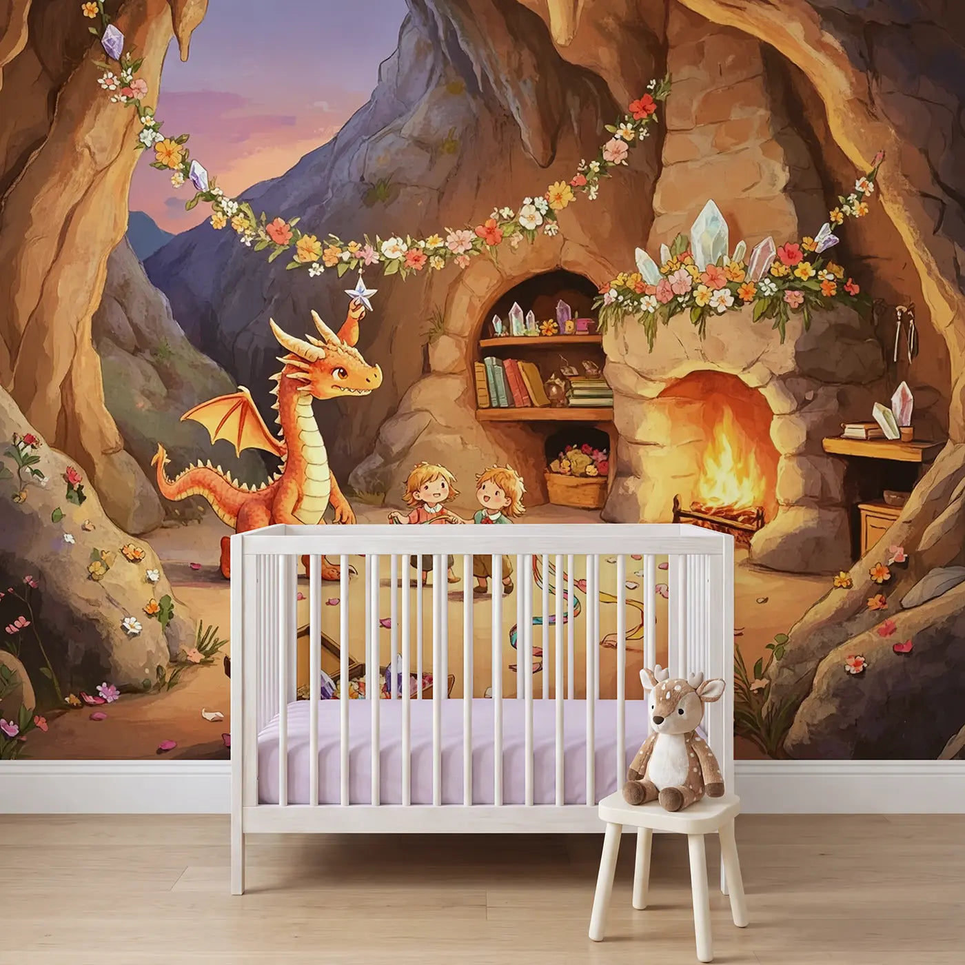 soft pastel dragon family holiday cave wallpaper mural for girls room by Whimsy Tots