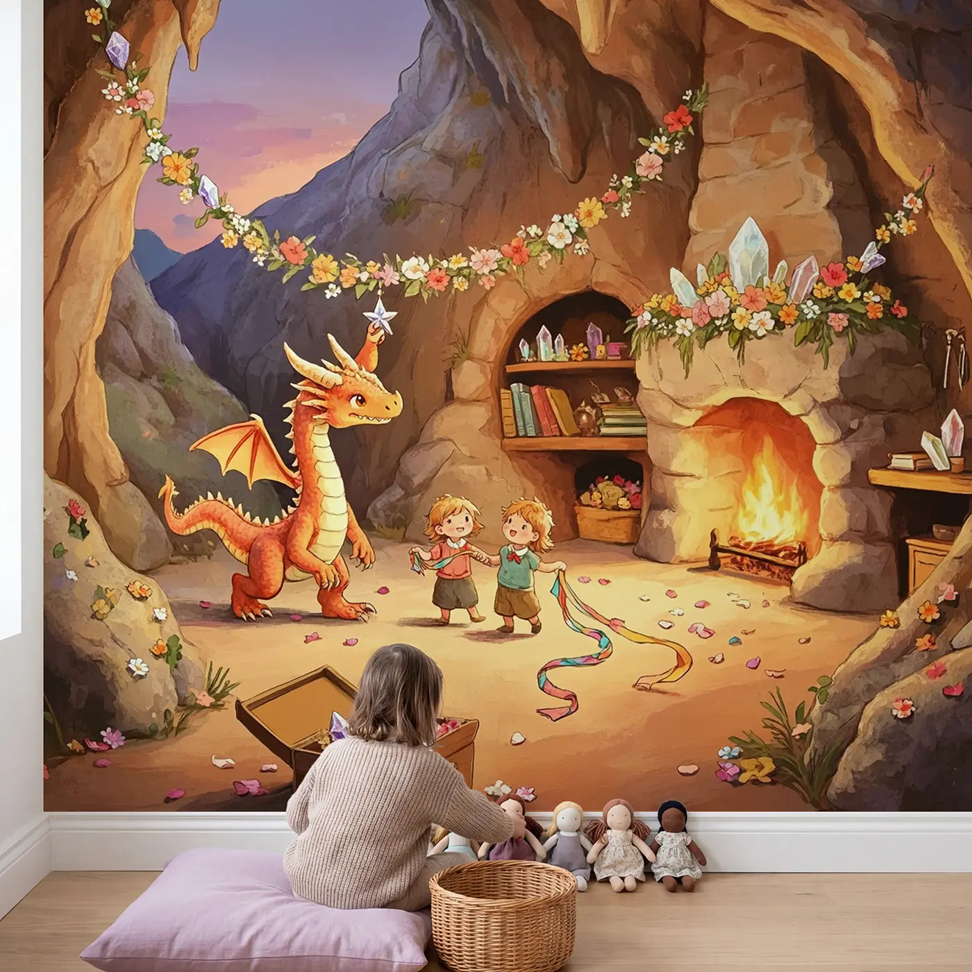 Child in nursery with Dragon Family Holiday Cave Wallpaper Mural by Whimsy Tots