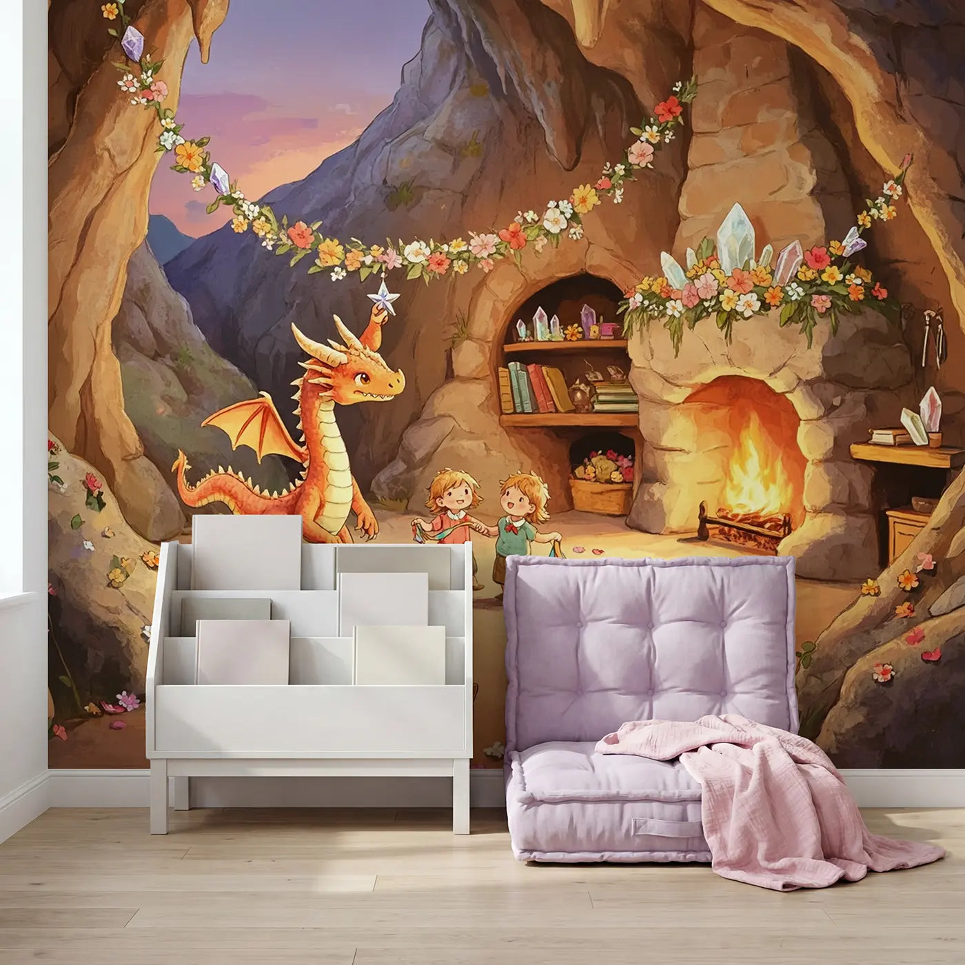 Dragon Family Holiday Cave Wallpaper Mural in playroom setting by Whimsy Tots