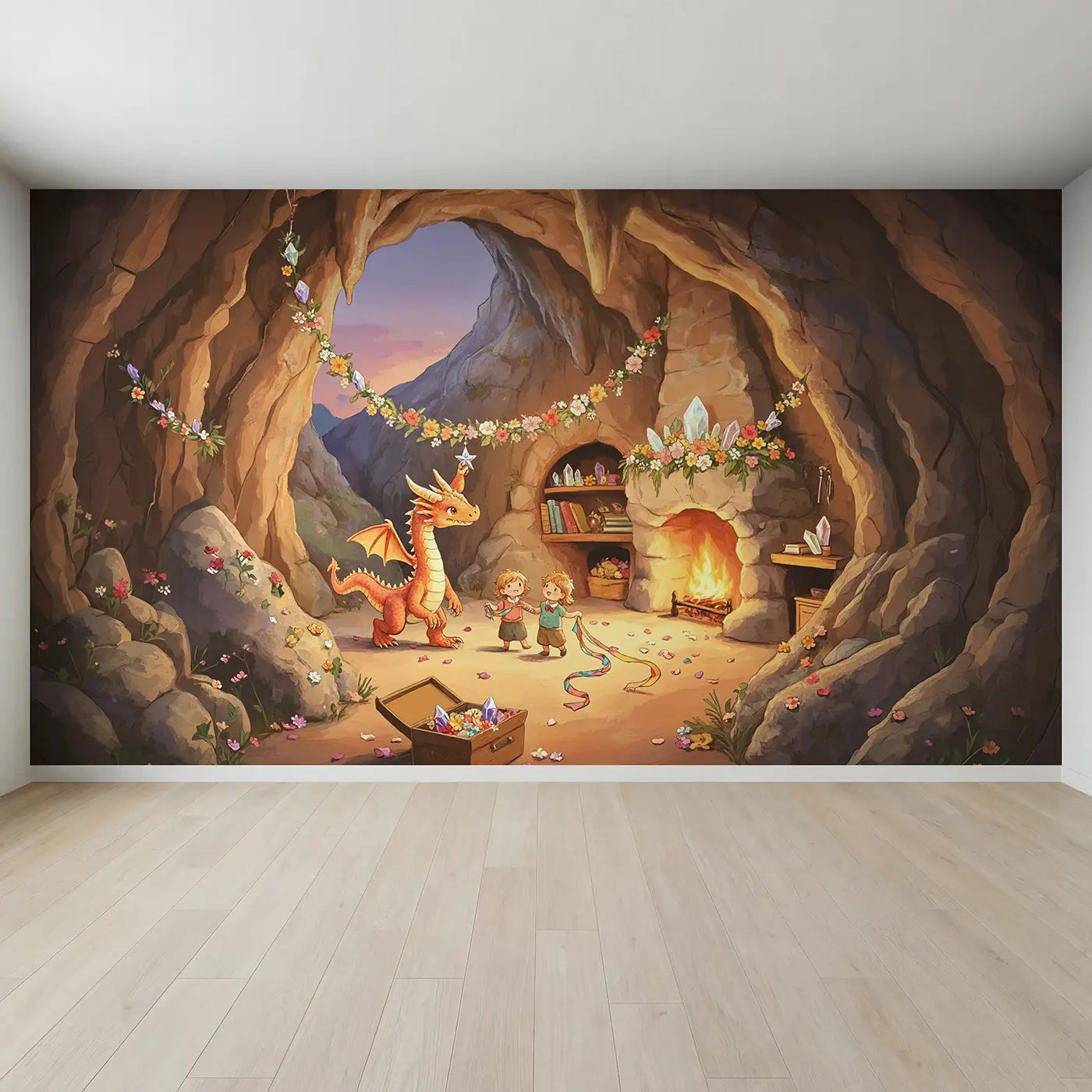 Full view of Dragon Family Holiday Cave Wallpaper Mural by Whimsy Tots
