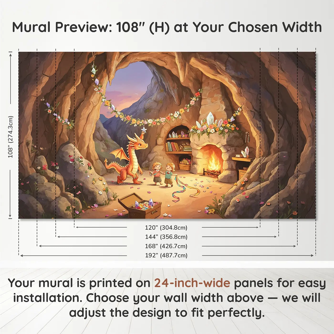 Panel layout and dimensions for Dragon Family Holiday Cave Wallpaper Mural by Whimsy Tots