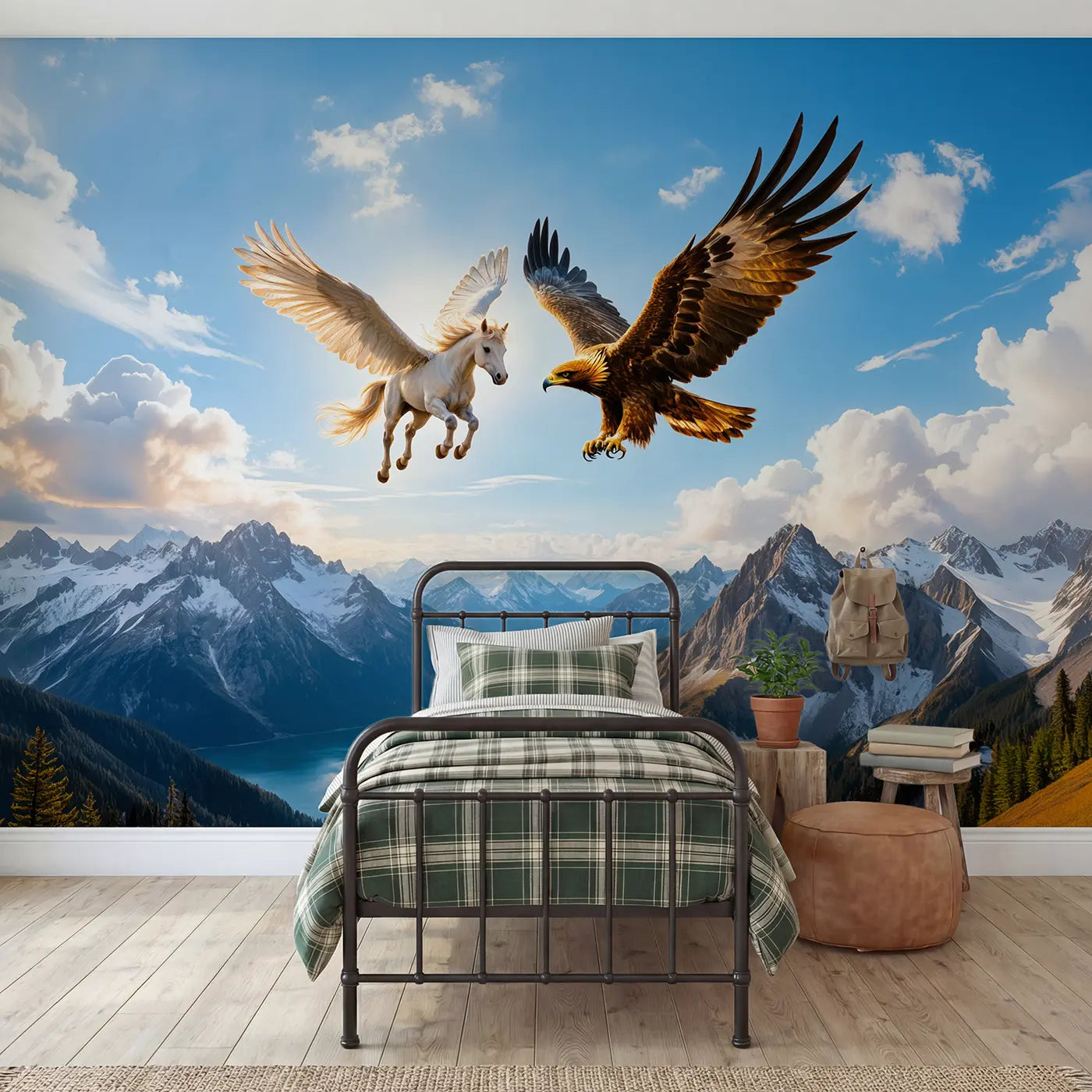 Soft pastel pegasus eagle soaring clouds wallpaper mural for boys room by Whimsy Tots