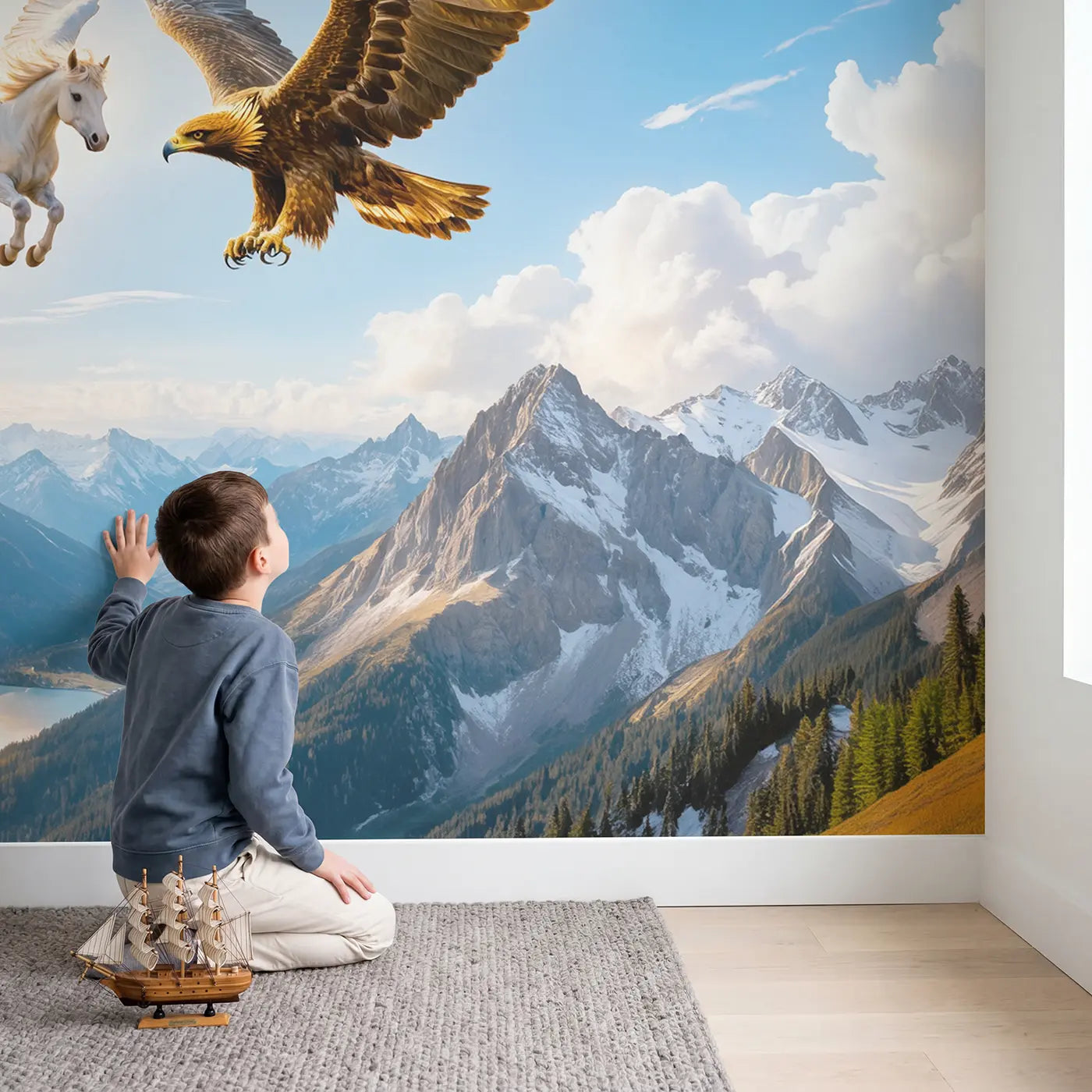 Child in nursery with Pegasus and Eagle Soaring Wallpaper Mural by Whimsy Tots