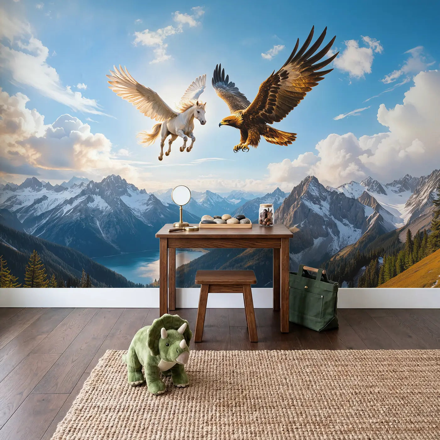 Pegasus and Eagle Soaring Wallpaper Mural in playroom setting by Whimsy Tots