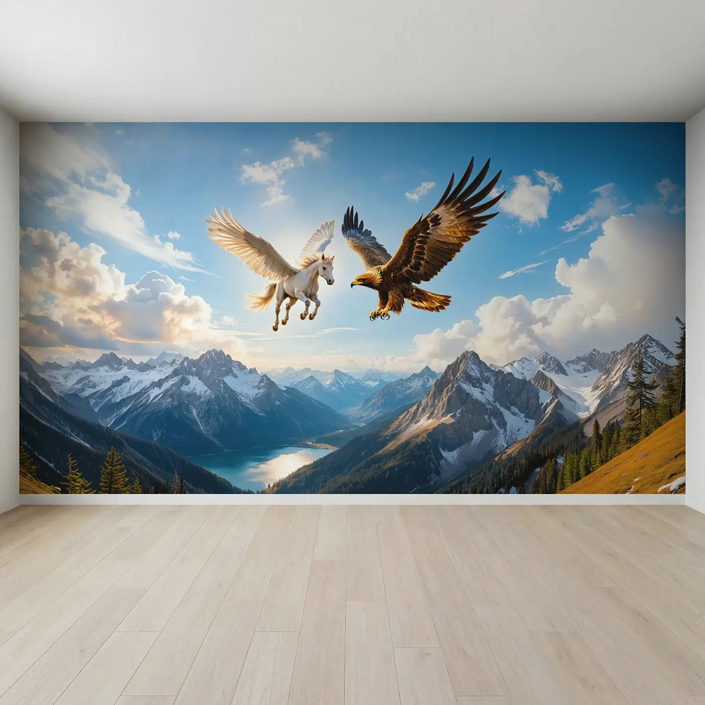 Full view of Pegasus and Eagle Soaring Wallpaper Mural by Whimsy Tots