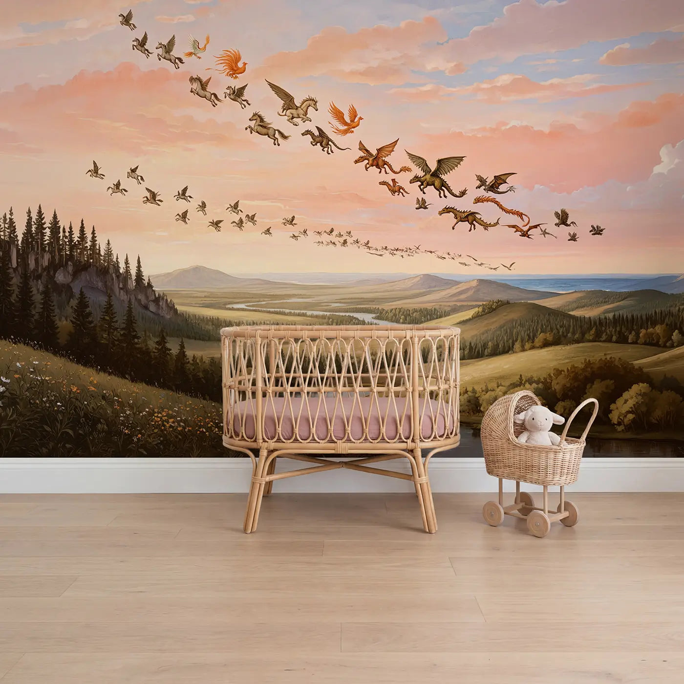 Block print pegasus dragon phoenix sky wallpaper mural for girls room by Whimsy Tots