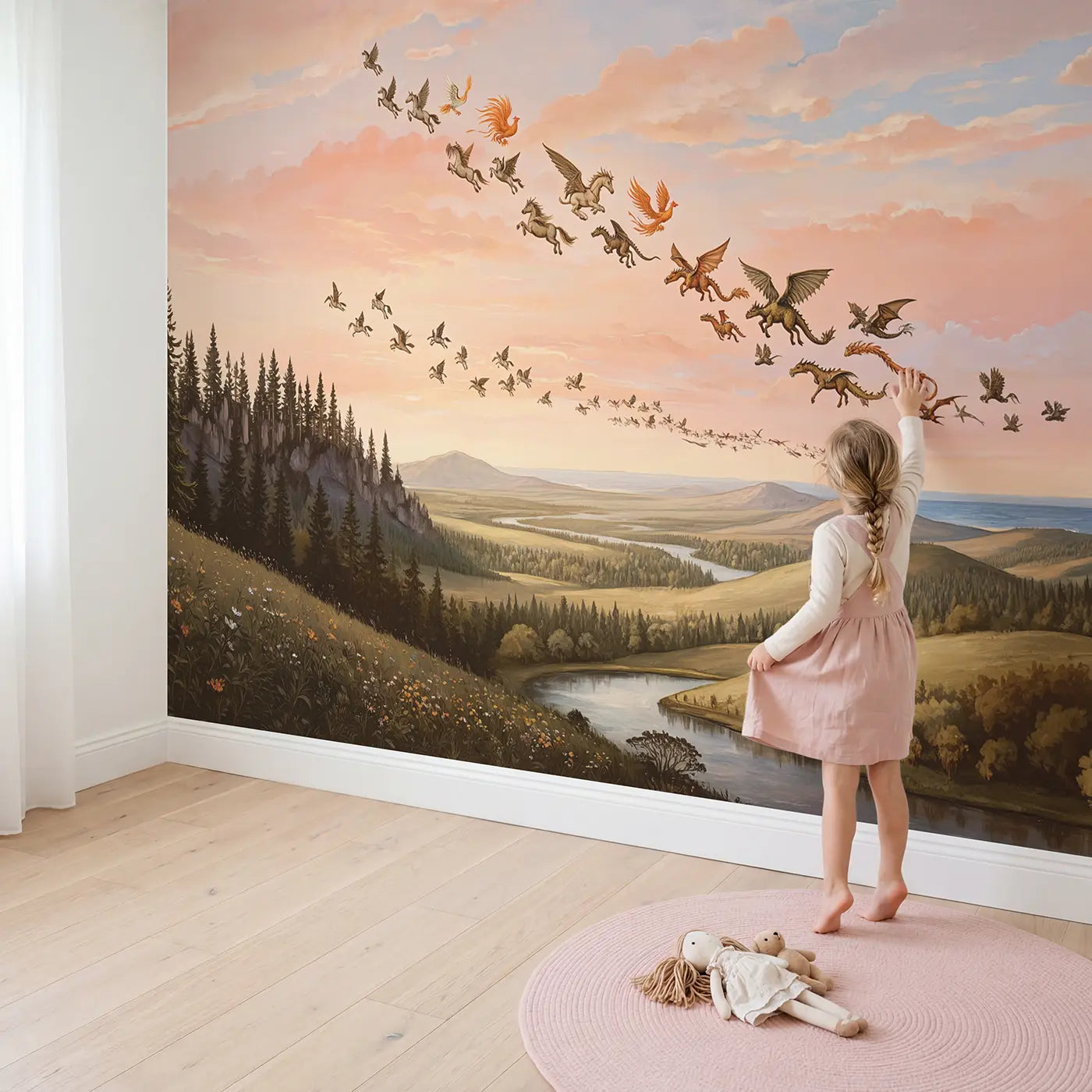 Child in nursery with Mythical Migration Sky Wallpaper Mural by Whimsy Tots