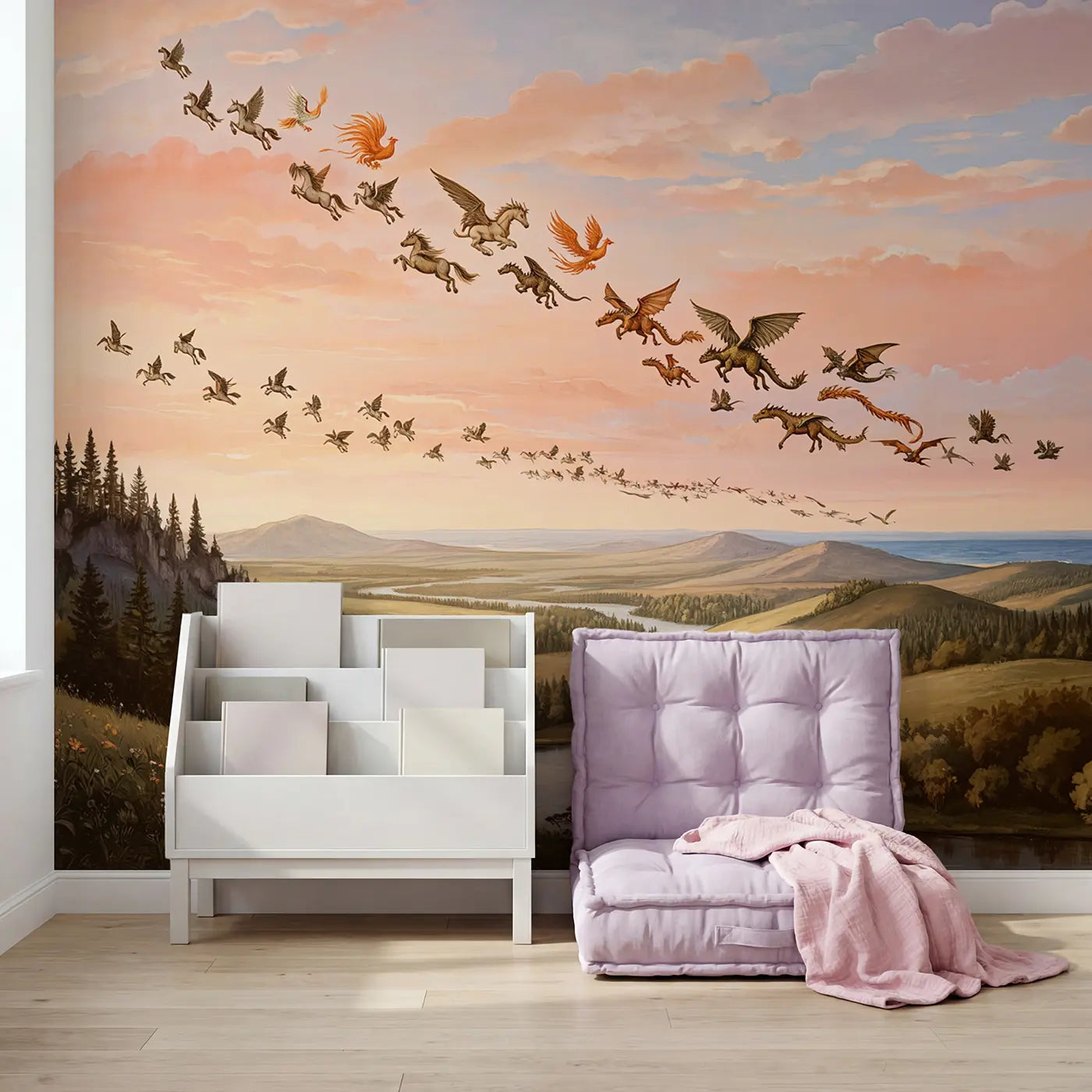 Mythical Migration Sky Wallpaper Mural in playroom setting by Whimsy Tots