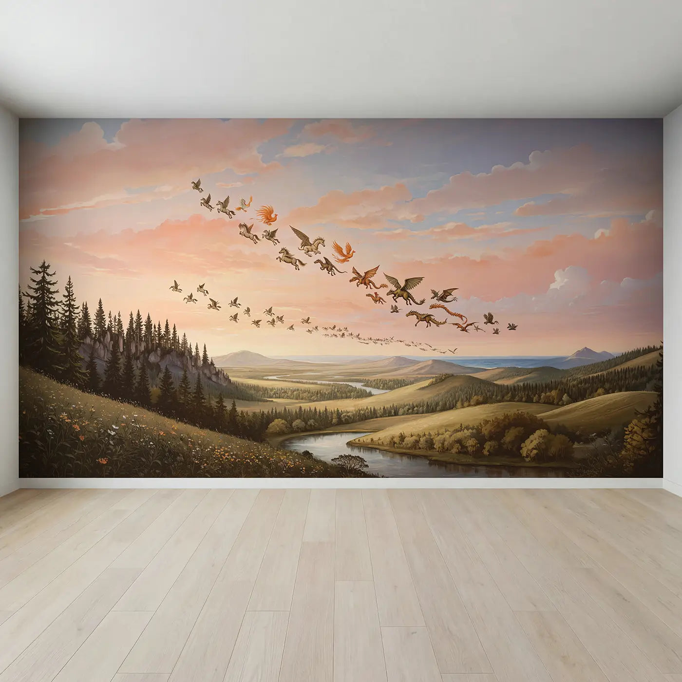 Full view of Mythical Migration Sky Wallpaper Mural by Whimsy Tots