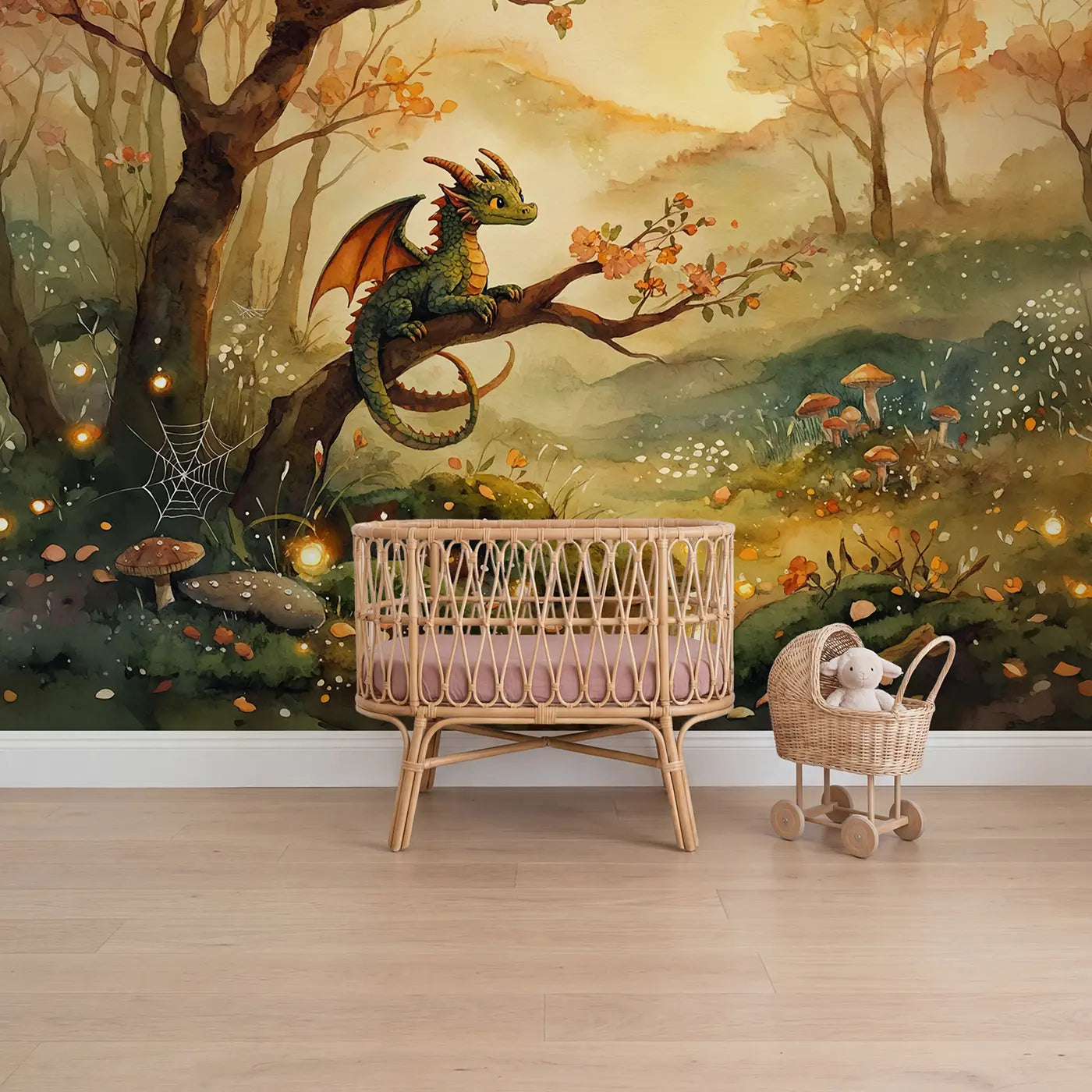 Watercolor dragon branch fantasy sky wallpaper mural for girls room by Whimsy Tots