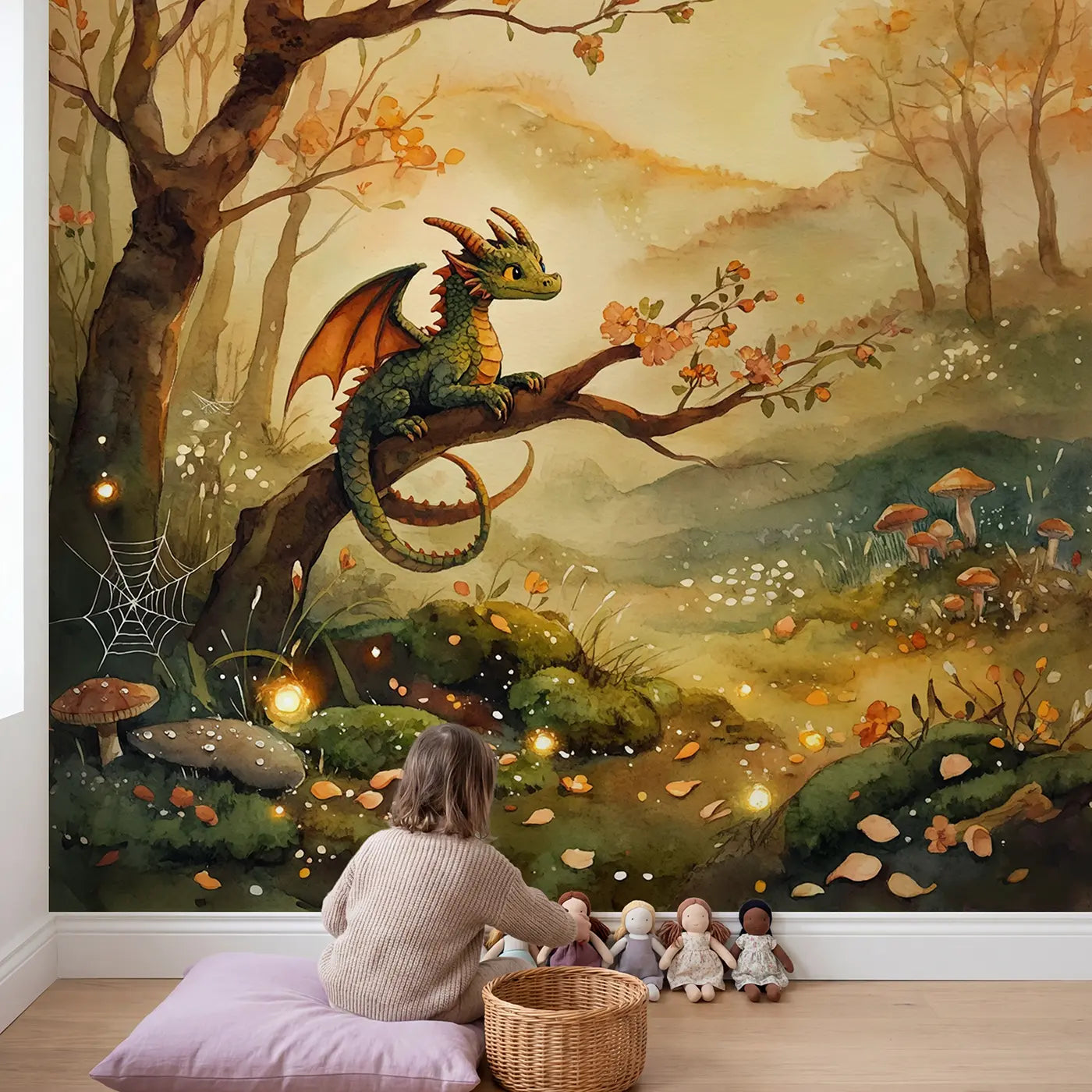 Child in nursery with Dragon Perched Branch Too Wallpaper Mural by Whimsy Tots