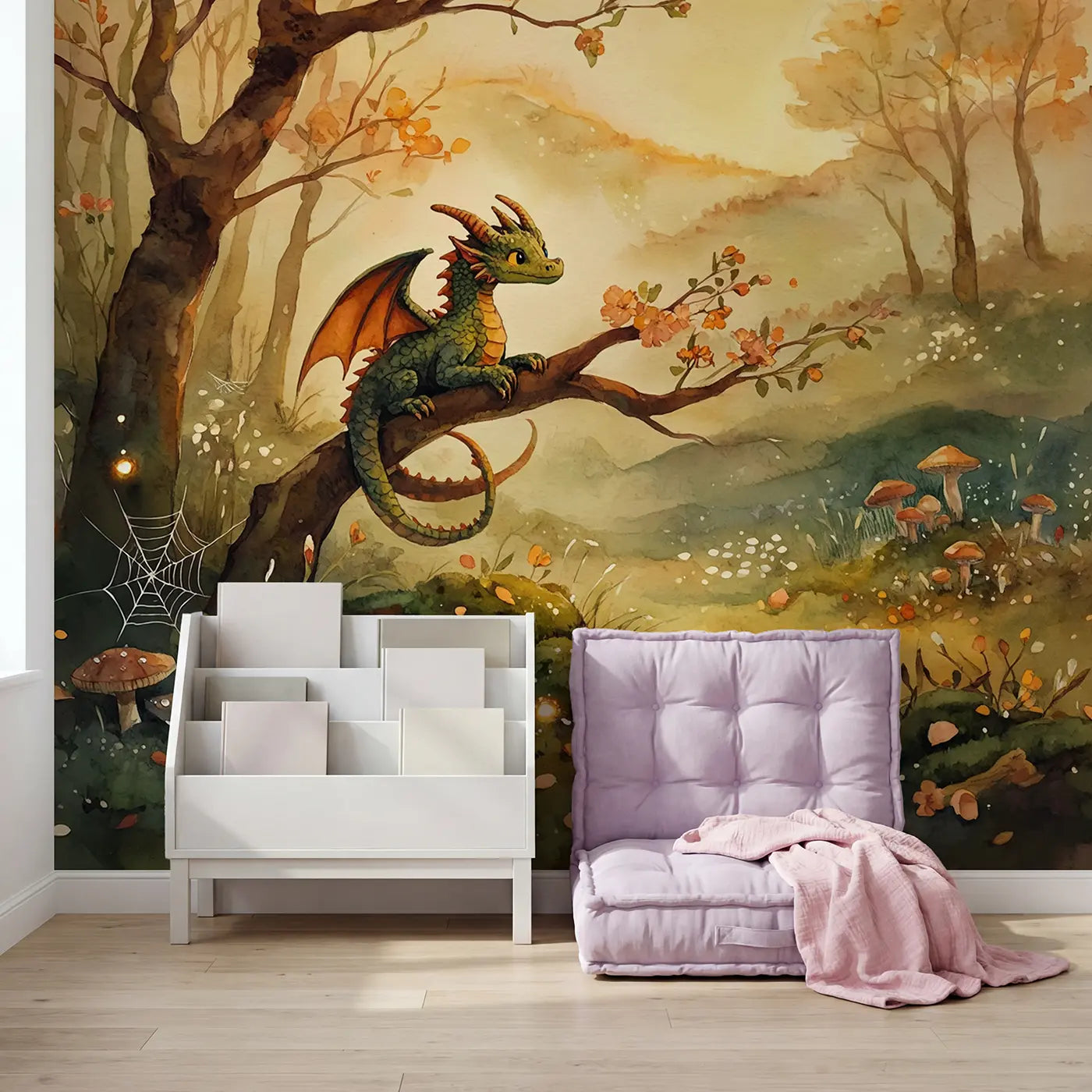 Dragon Perched Branch Too Wallpaper Mural in playroom setting by Whimsy Tots