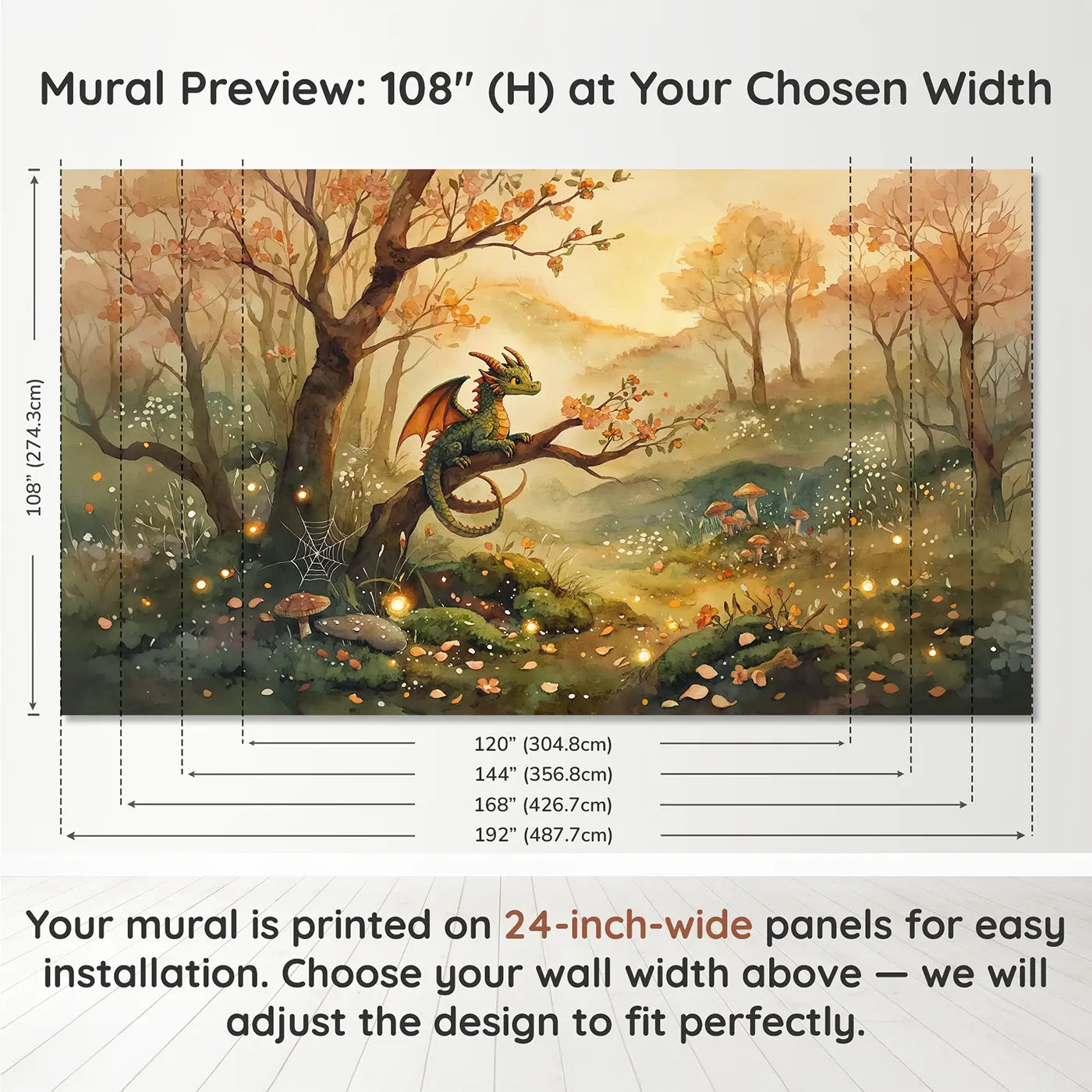 Panel layout and dimensions for Dragon Perched Branch Too Wallpaper Mural by Whimsy Tots