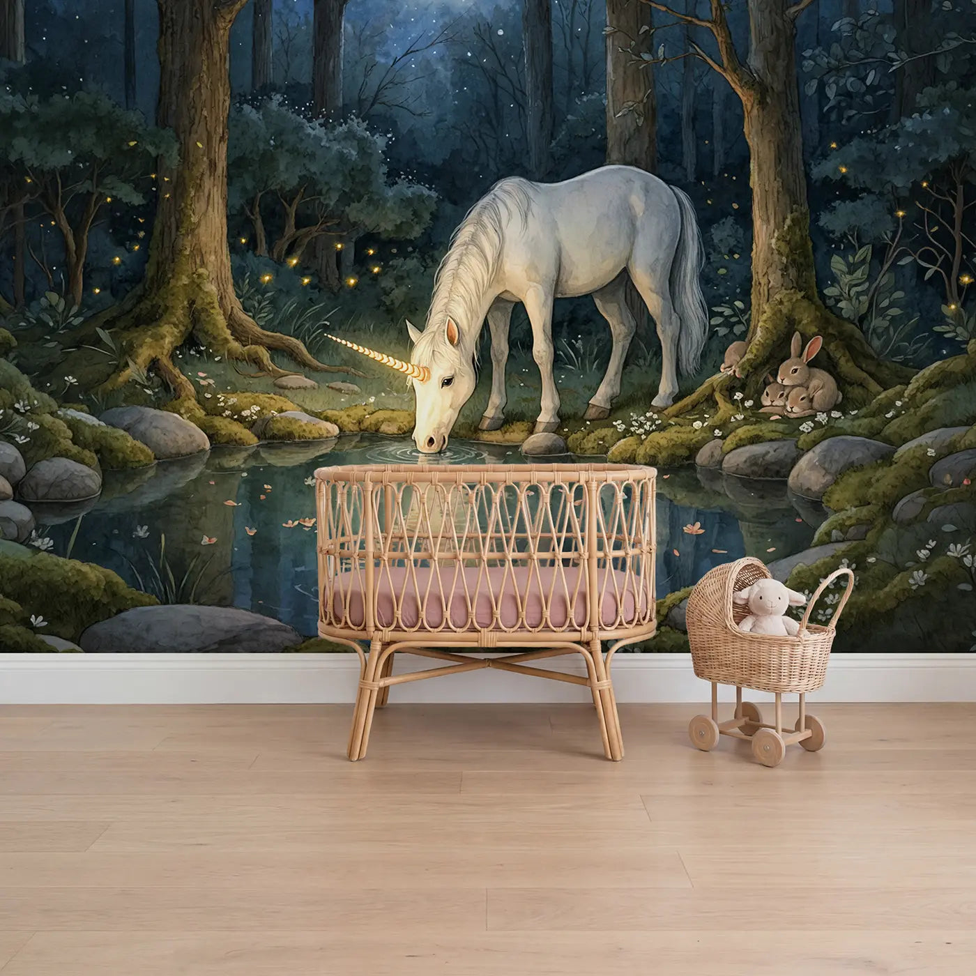 Storybook moonlit unicorn forest pool wallpaper mural for girls room by Whimsy Tots