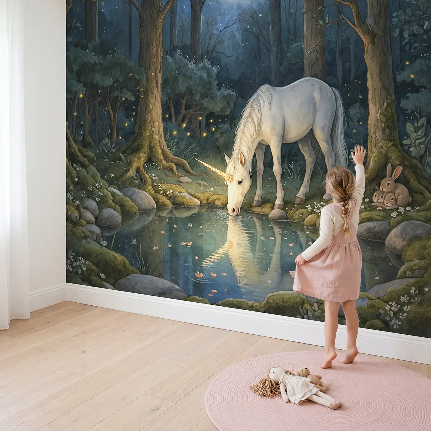 Child in nursery with Moonlit Unicorn Pool Forest Wallpaper Mural by Whimsy Tots