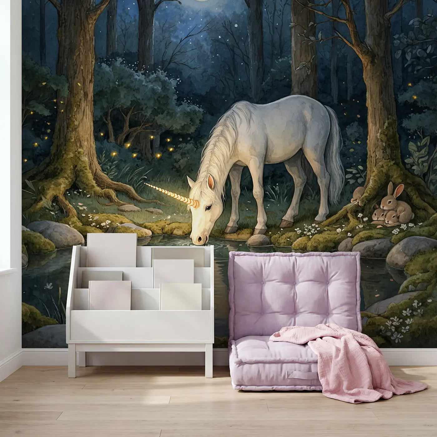Moonlit Unicorn Pool Forest Wallpaper Mural in playroom setting by Whimsy Tots