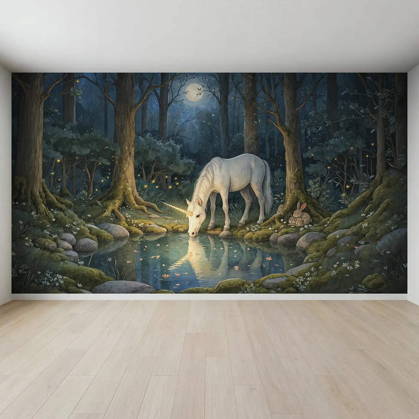 Full view of Moonlit Unicorn Pool Forest Wallpaper Mural by Whimsy Tots