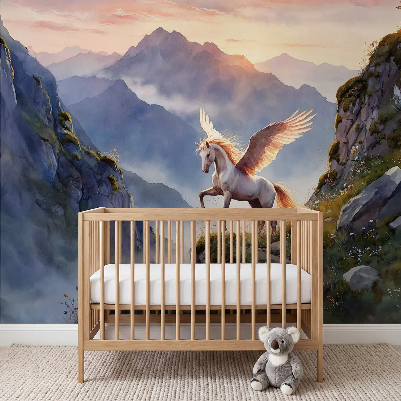 Watercolor pegasus mountaintop dawn wallpaper mural for kids room by Whimsy Tots