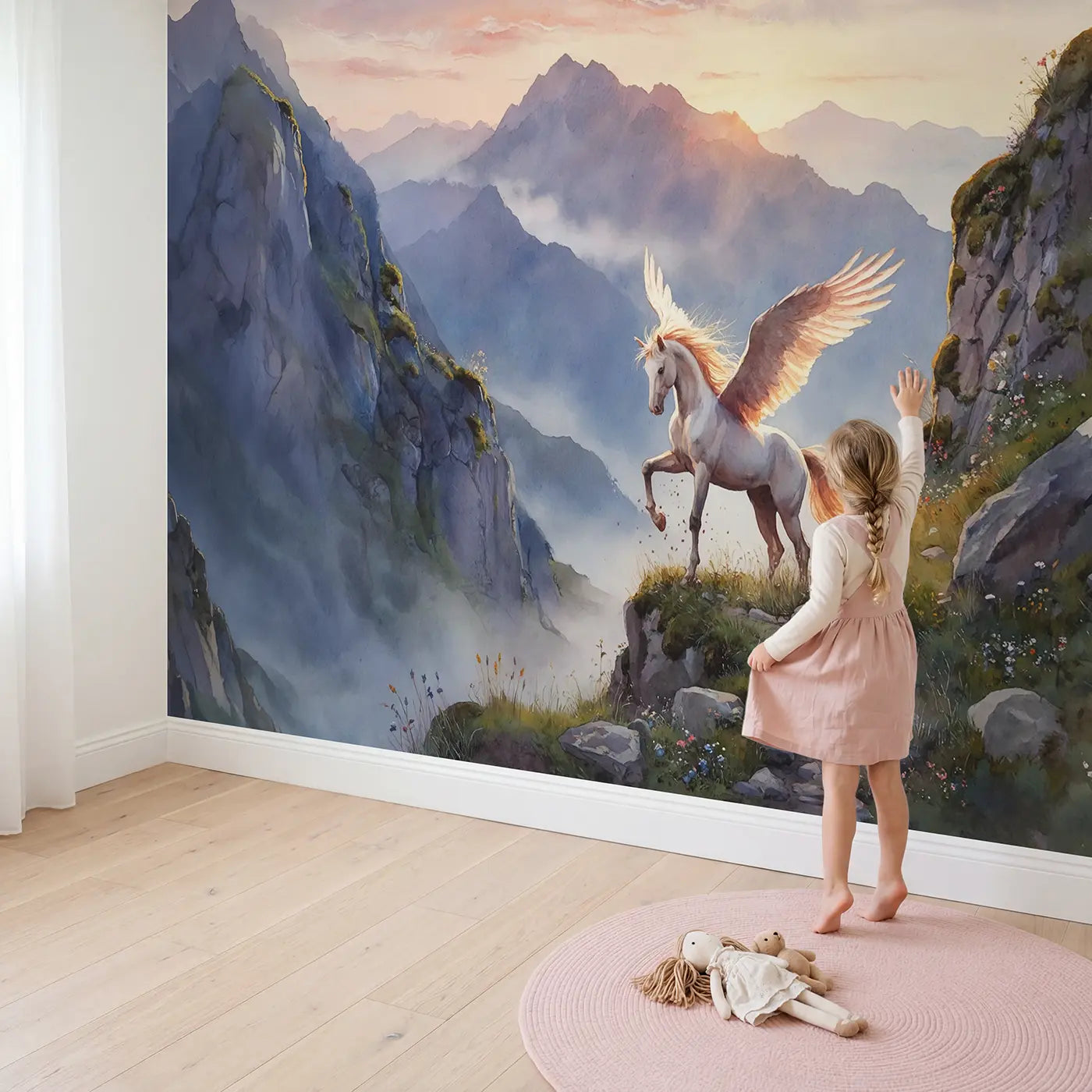 Child in nursery with Mountaintop Pegasus Dawn Wallpaper Mural by Whimsy Tots